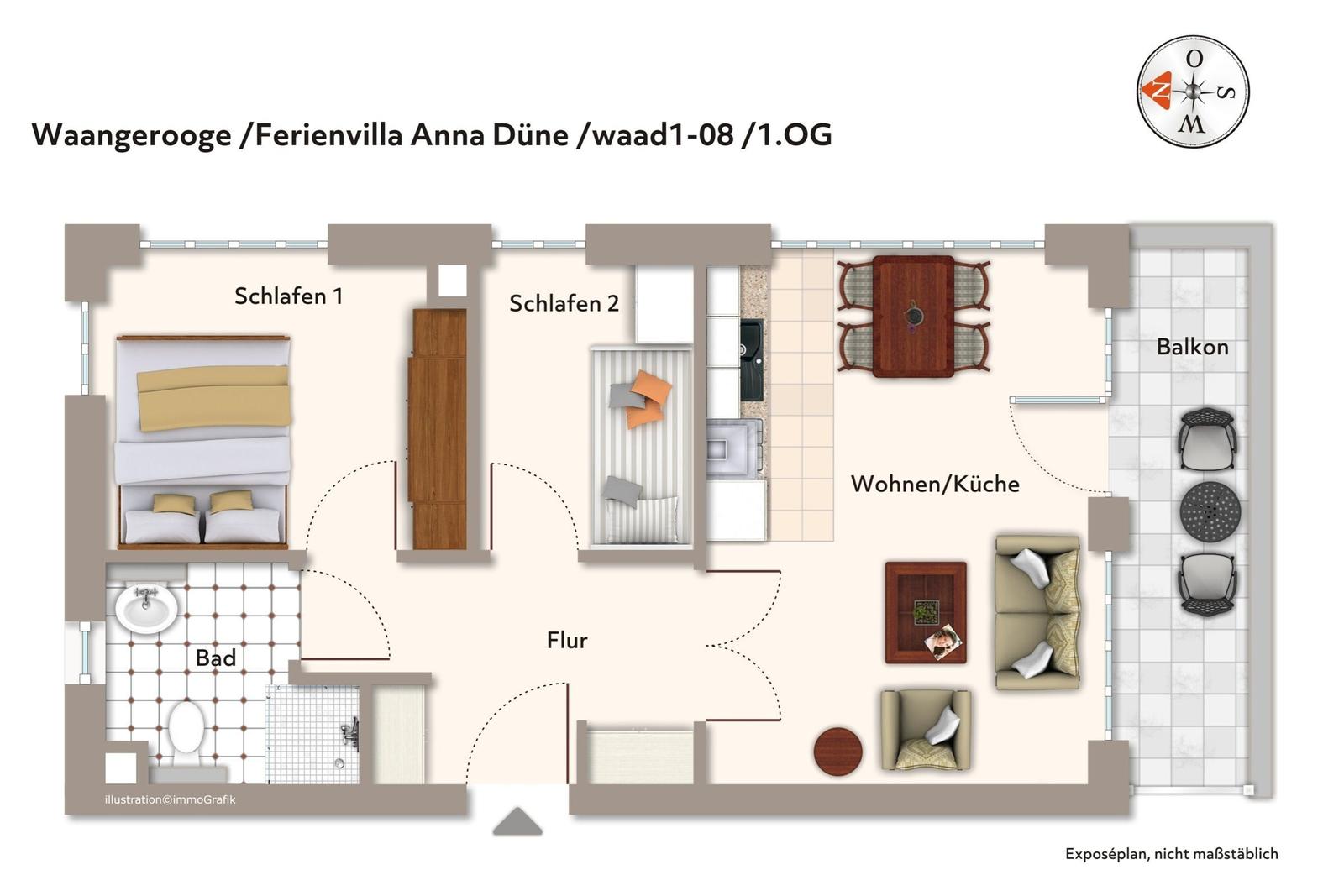 Ferienwohnung mit zwei Schlafzimmern, Bad, Wohnküche und Balkon.