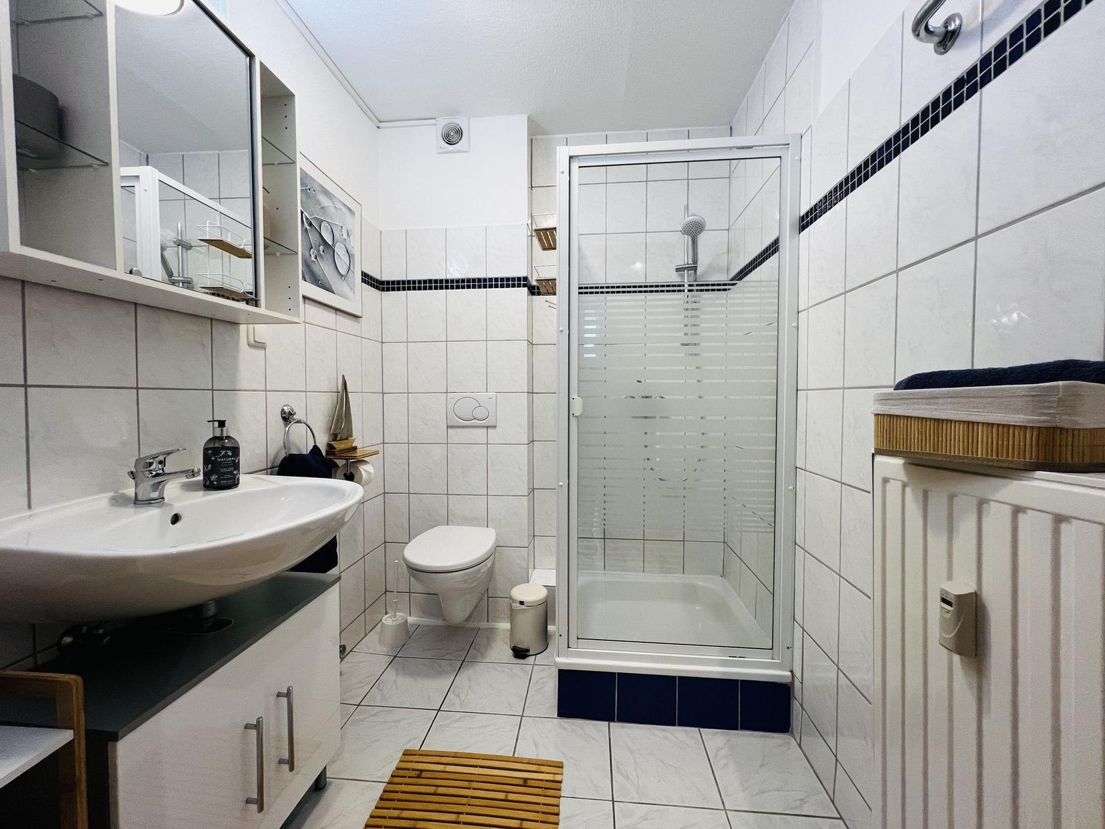 Badezimmer mit Dusche, Toilette und Waschbecken