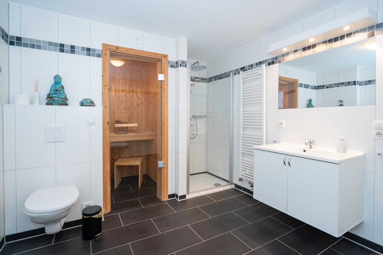 Badezimmer mit Dusche, Toilette, Waschbecken und Sauna.