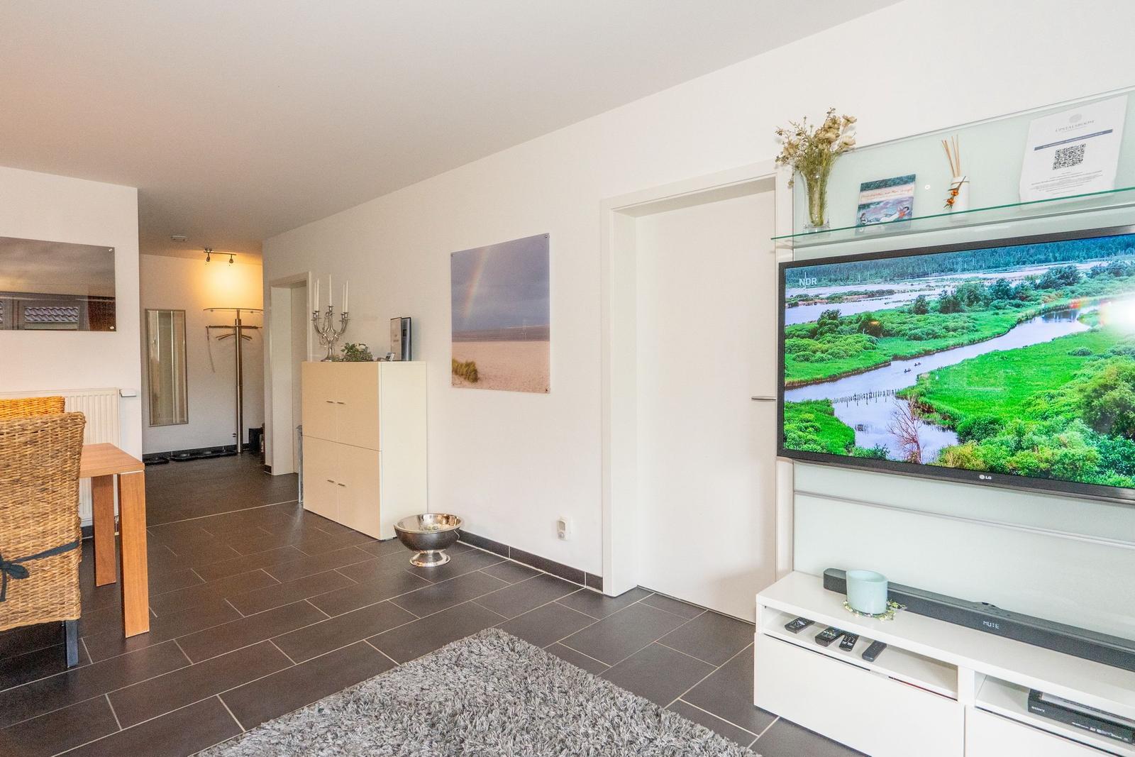 Wohnzimmer mit Fernseher, Teppich und moderner Einrichtung.