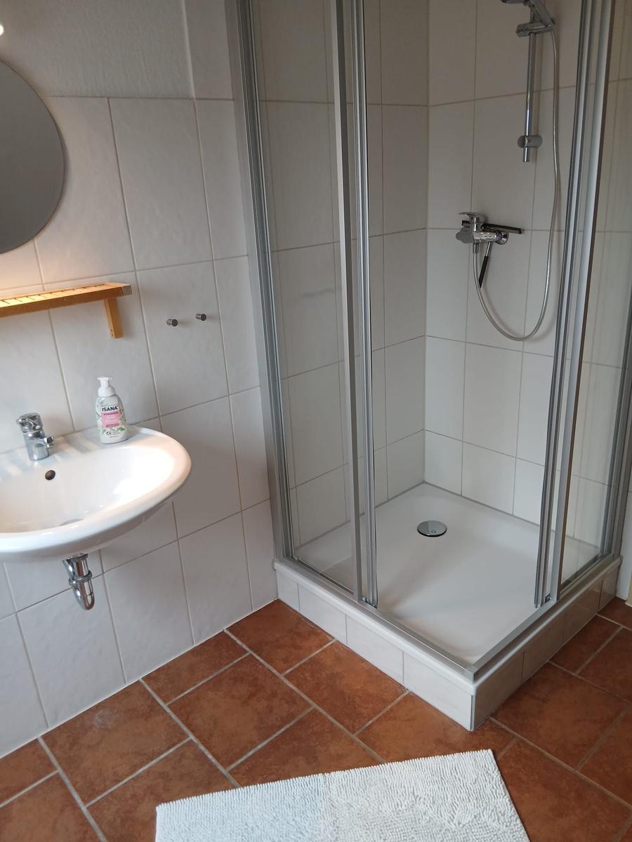 Bad mit Dusche, Waschbecken und Handtuch auf Terrakottaboden.