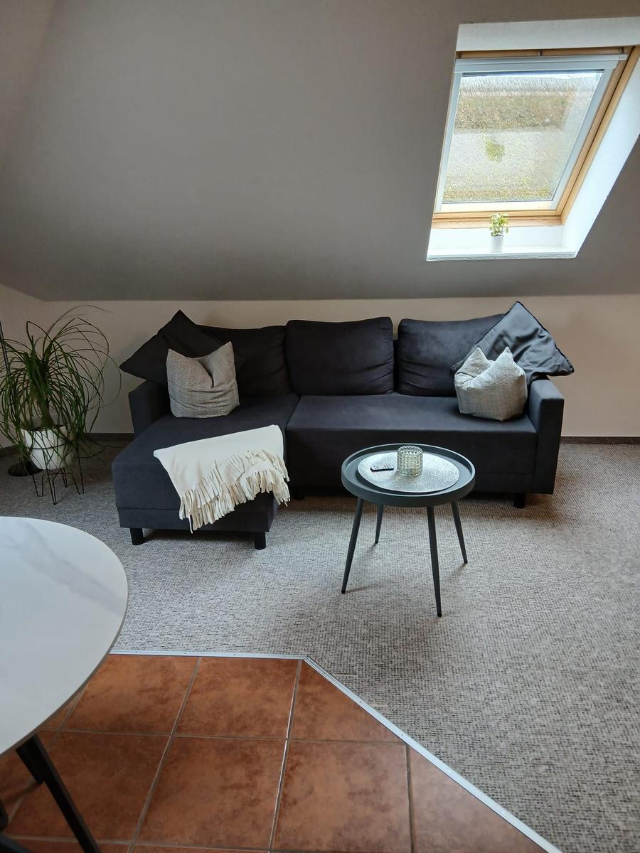 Ein Wohnzimmer mit grauem Sofa, kleinem Tisch und Dachfenster.