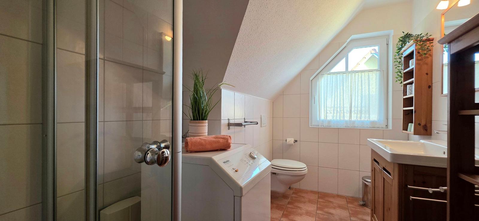 Badezimmer mit Dusche, Waschmaschine, Toilette und Fenster