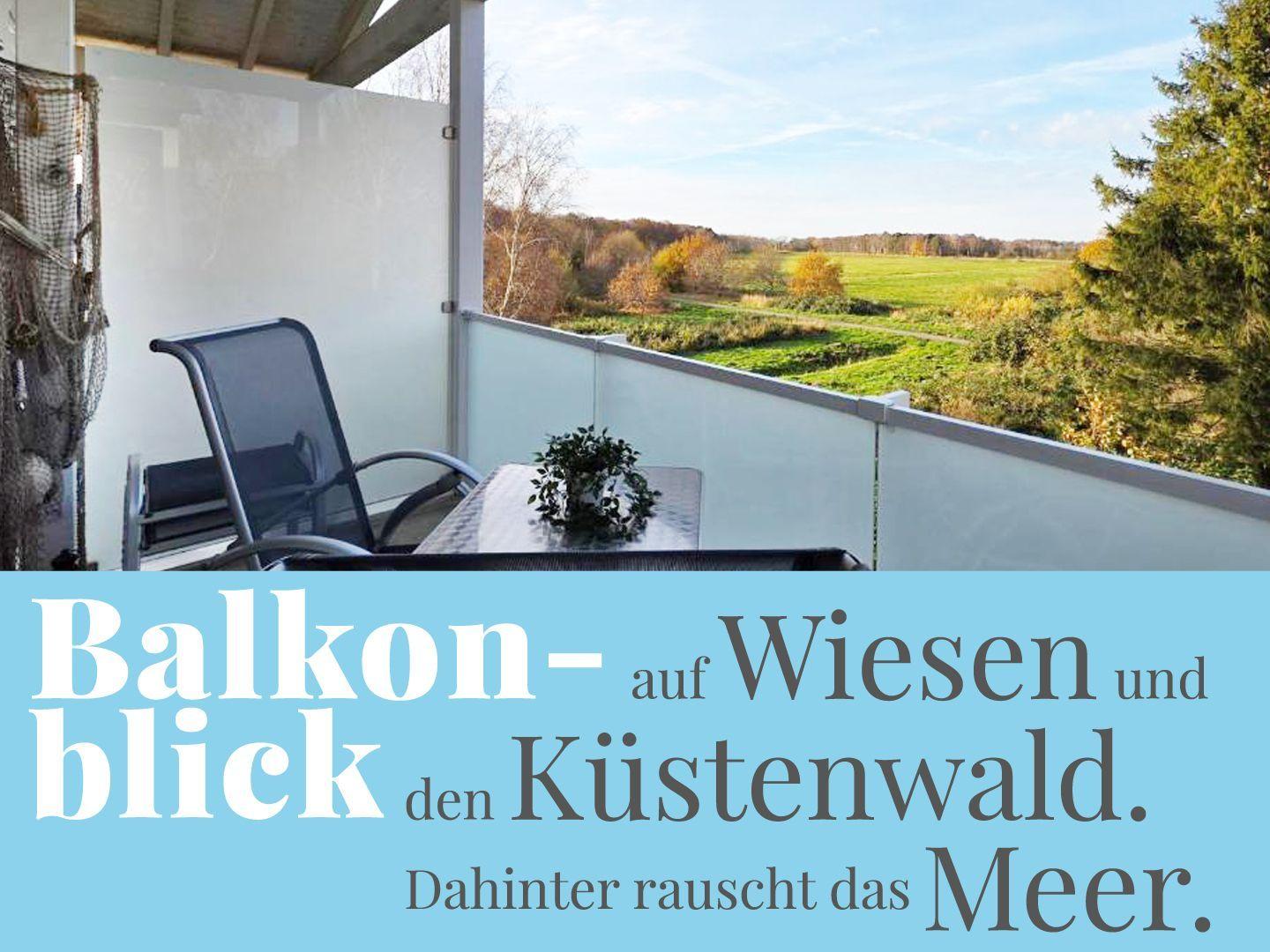 Balkon mit Blick auf Wiesen und Küstenwald. Dahinter rauscht das Meer.
