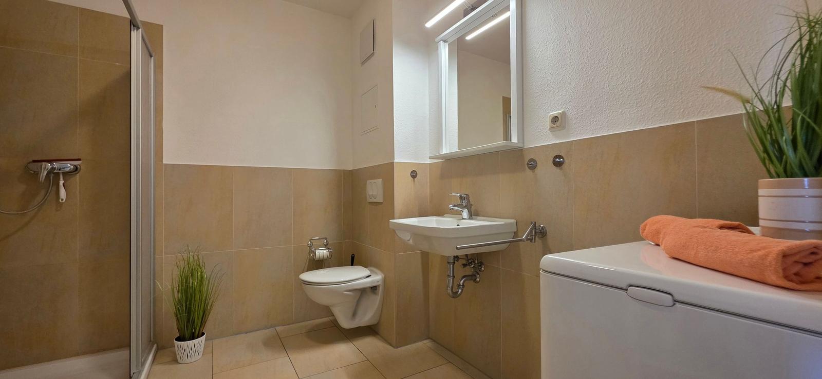 Badezimmer mit Dusche, Toilette, Waschbecken und Waschmaschine