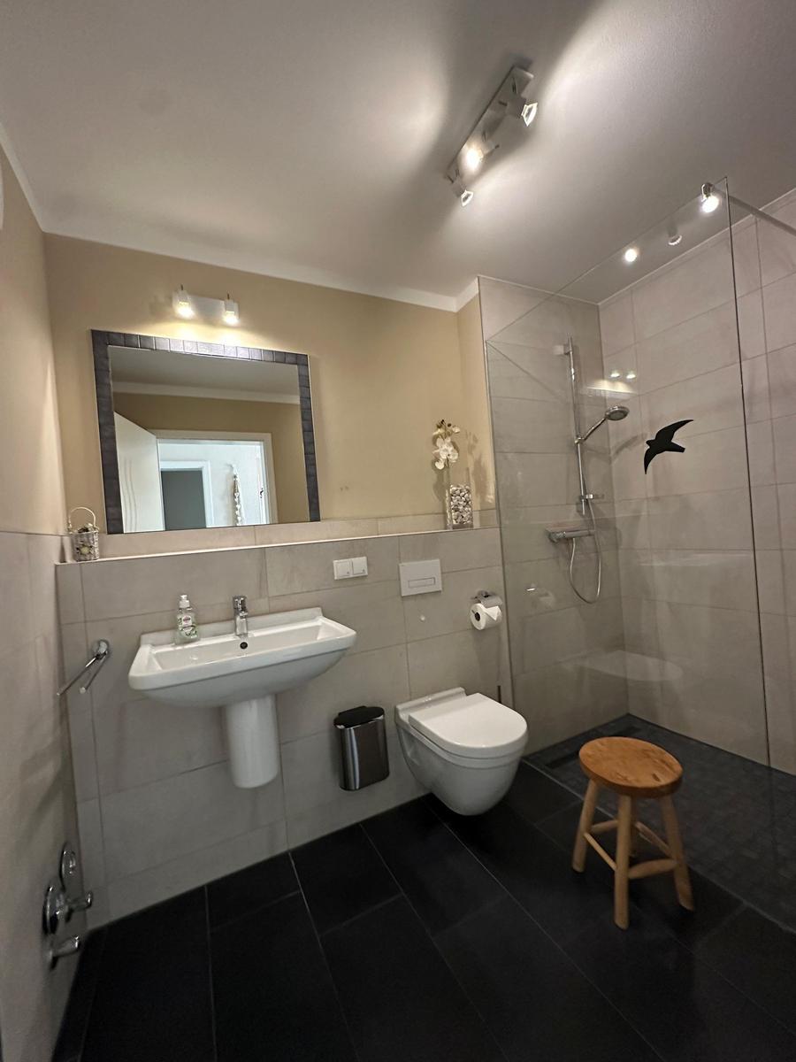 Badezimmer mit Dusche, Waschbecken und Toilette. Holzstuhl und Spiegel.