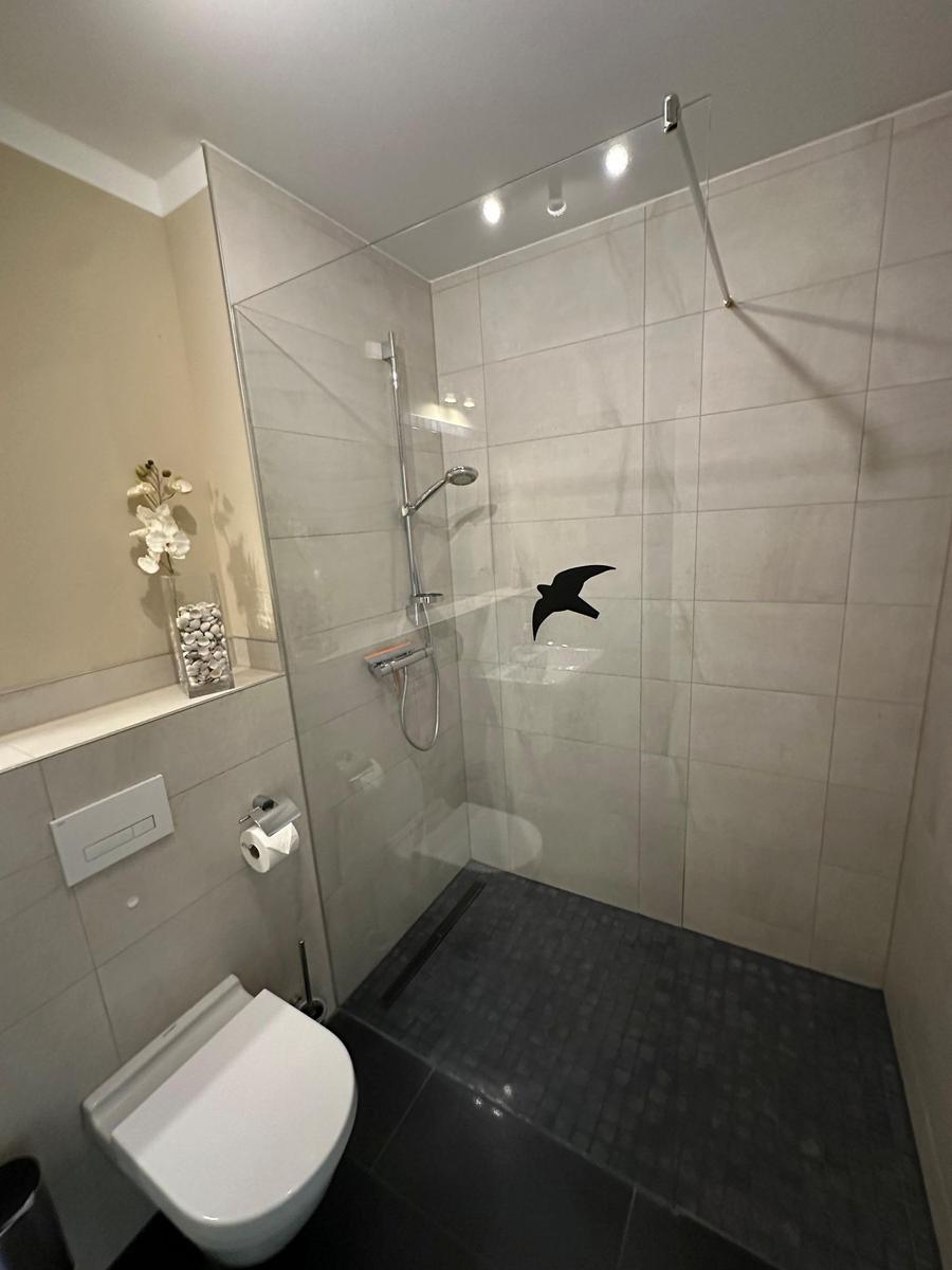 Dusche mit Glaswand, Toilette und Blumendekoration an der Wand.