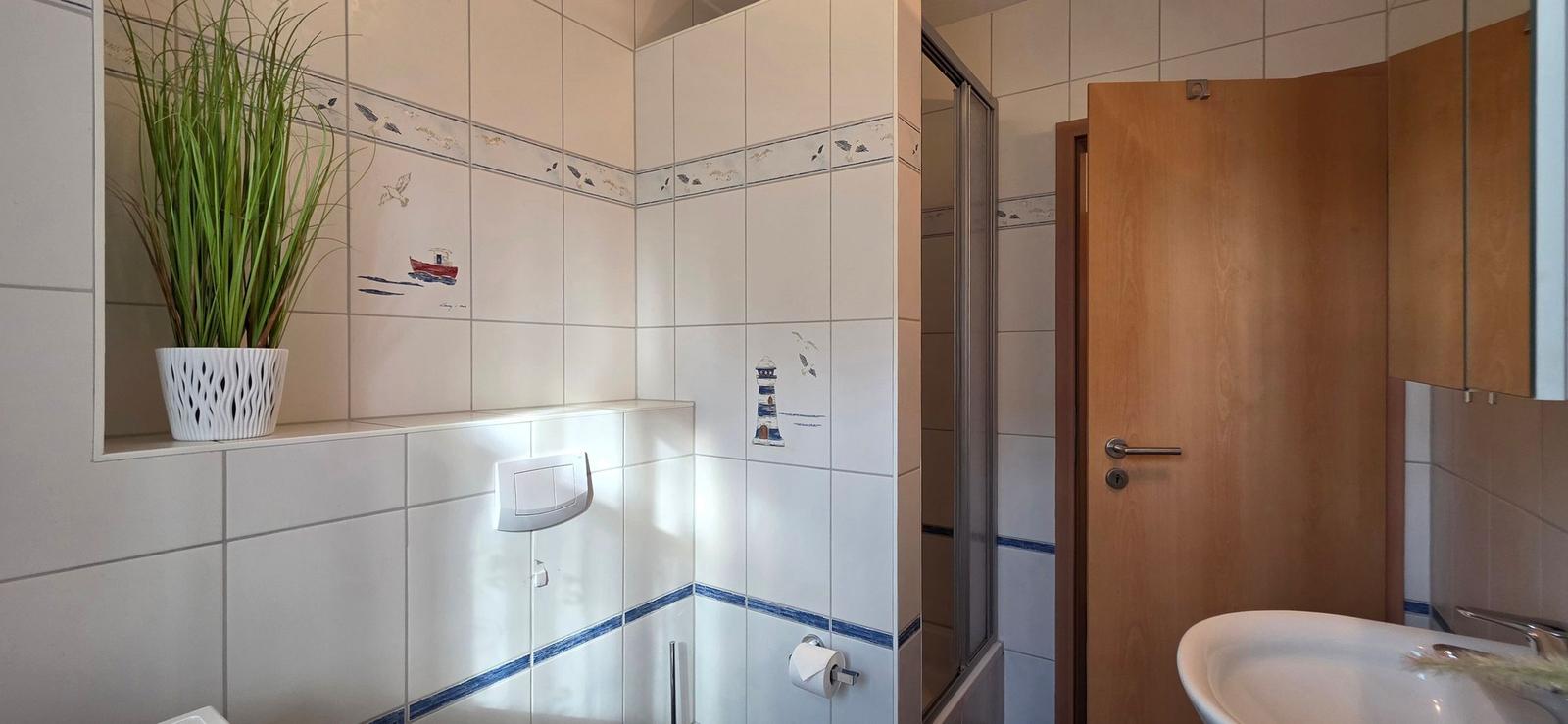 Badezimmer mit Dusche, Waschbecken und Pflanze in weißer Keramikschale.