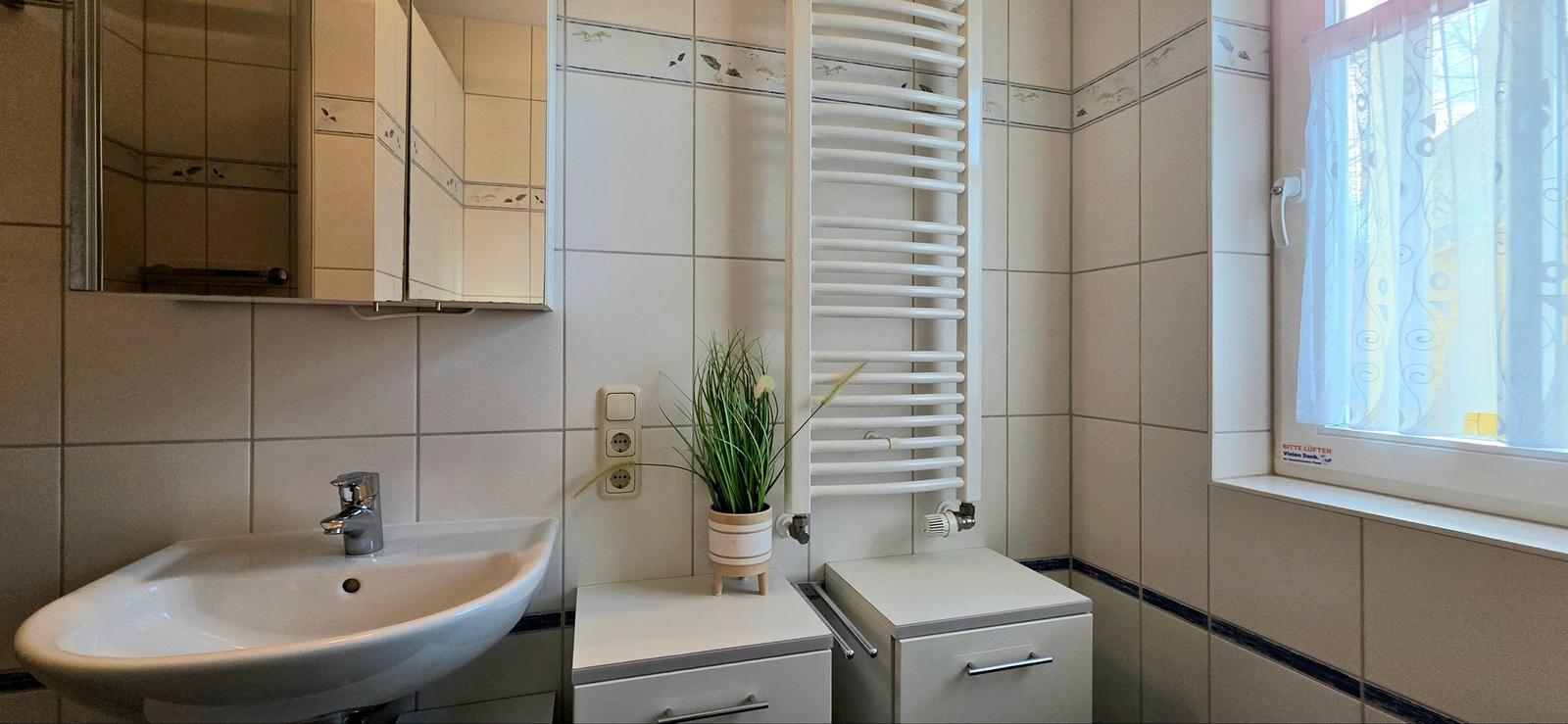 Badezimmer mit Waschbecken, Spiegel, Heizkörper und Fenster mit Vorhang.