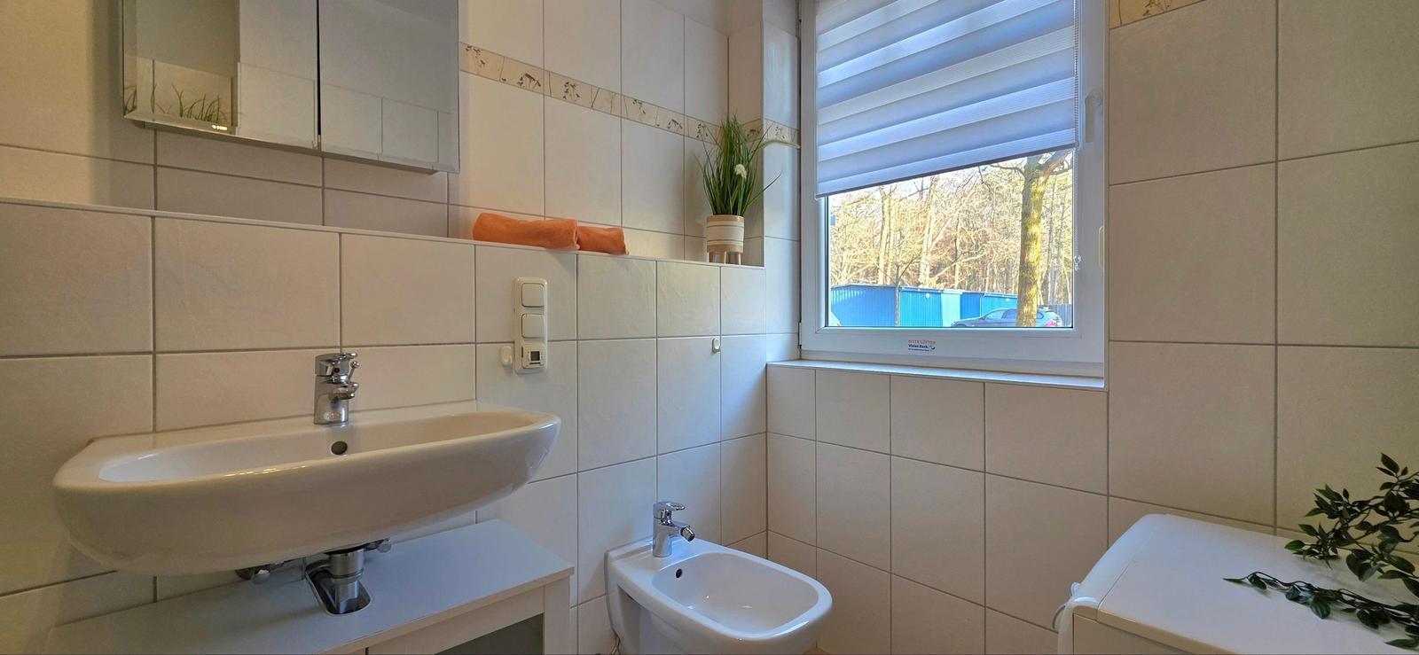 Bathroom with sink, bidet, and window with blinds.