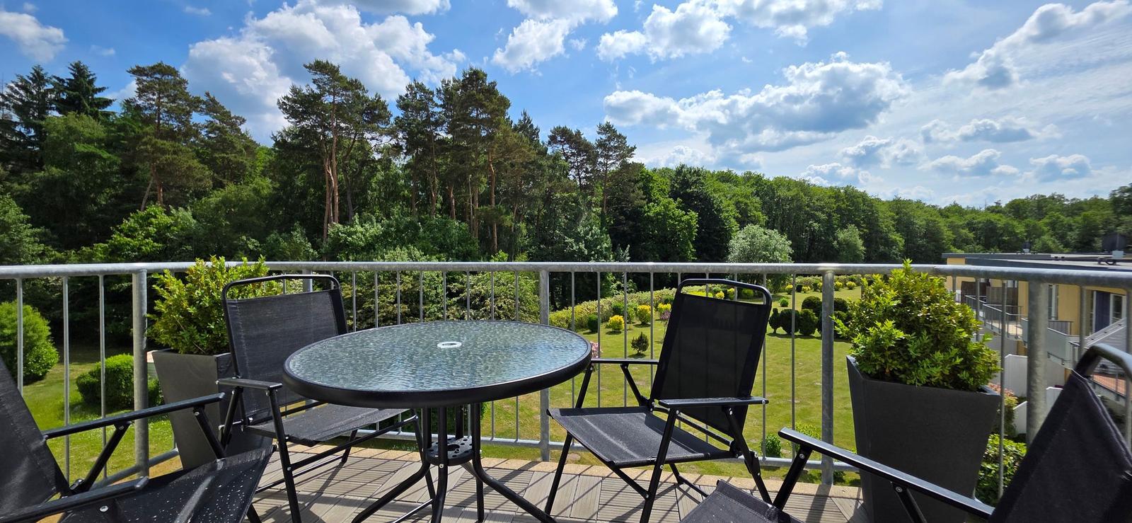 Terrasse mit Tisch und Stühlen, Blick auf grünen Garten und Wald.