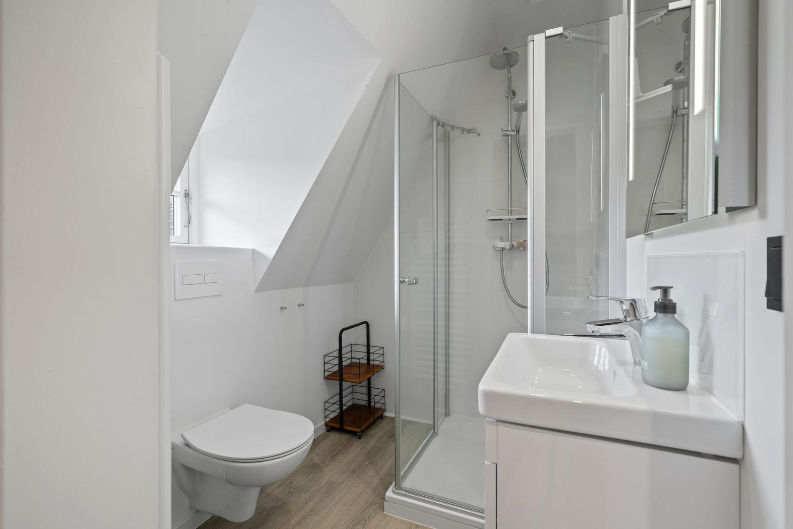 Bathroom with shower, sink and toilet under sloped ceilings.