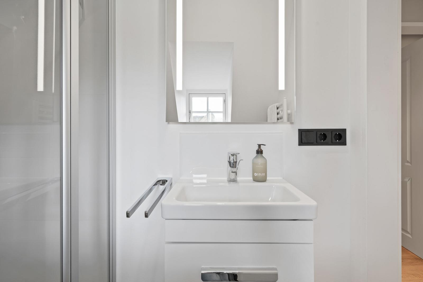 Sink with mirror and shower in the bathroom