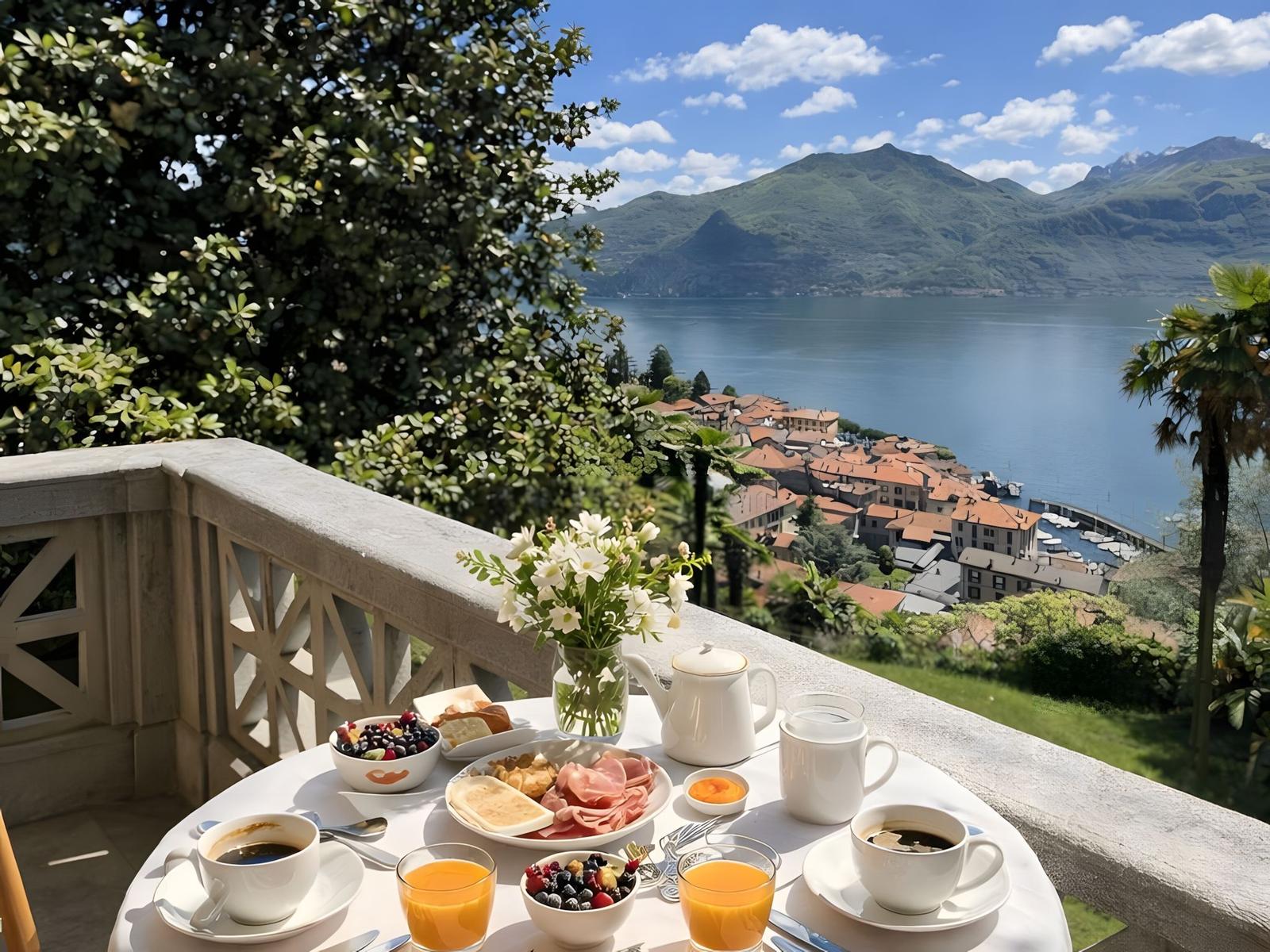 Frühstückstisch auf Balkon mit Blick auf See und Bergstadt.