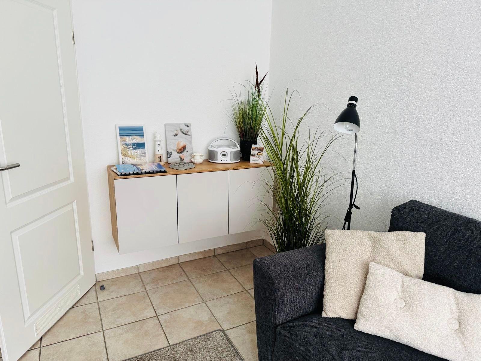 A dark sofa with cushions, a plant, and a sideboard with decor.