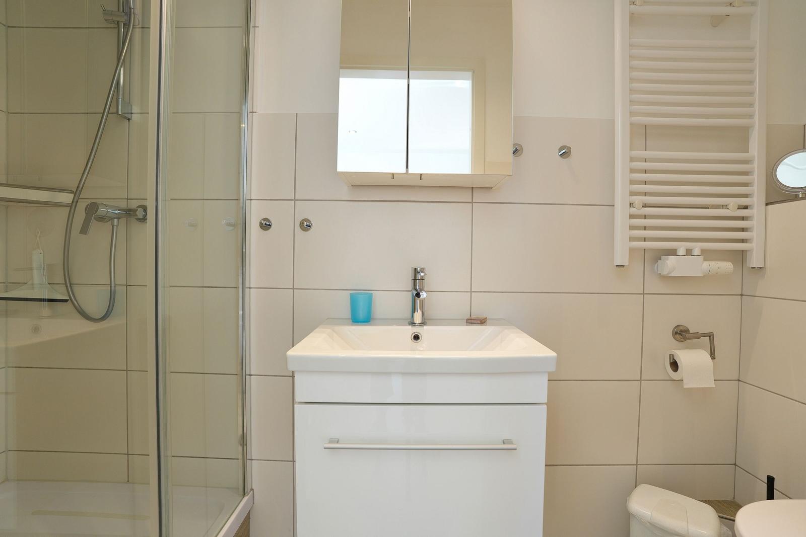 Badezimmer mit Dusche, Waschbecken und Heizkörper