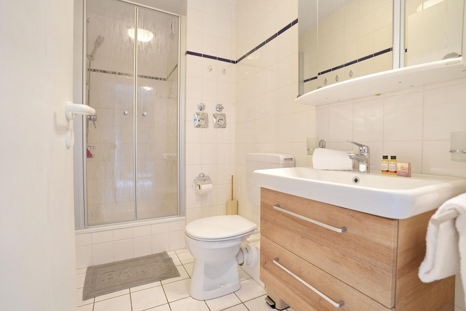 Badezimmer mit Dusche, Toilette und Waschbecken mit Holzschrank.