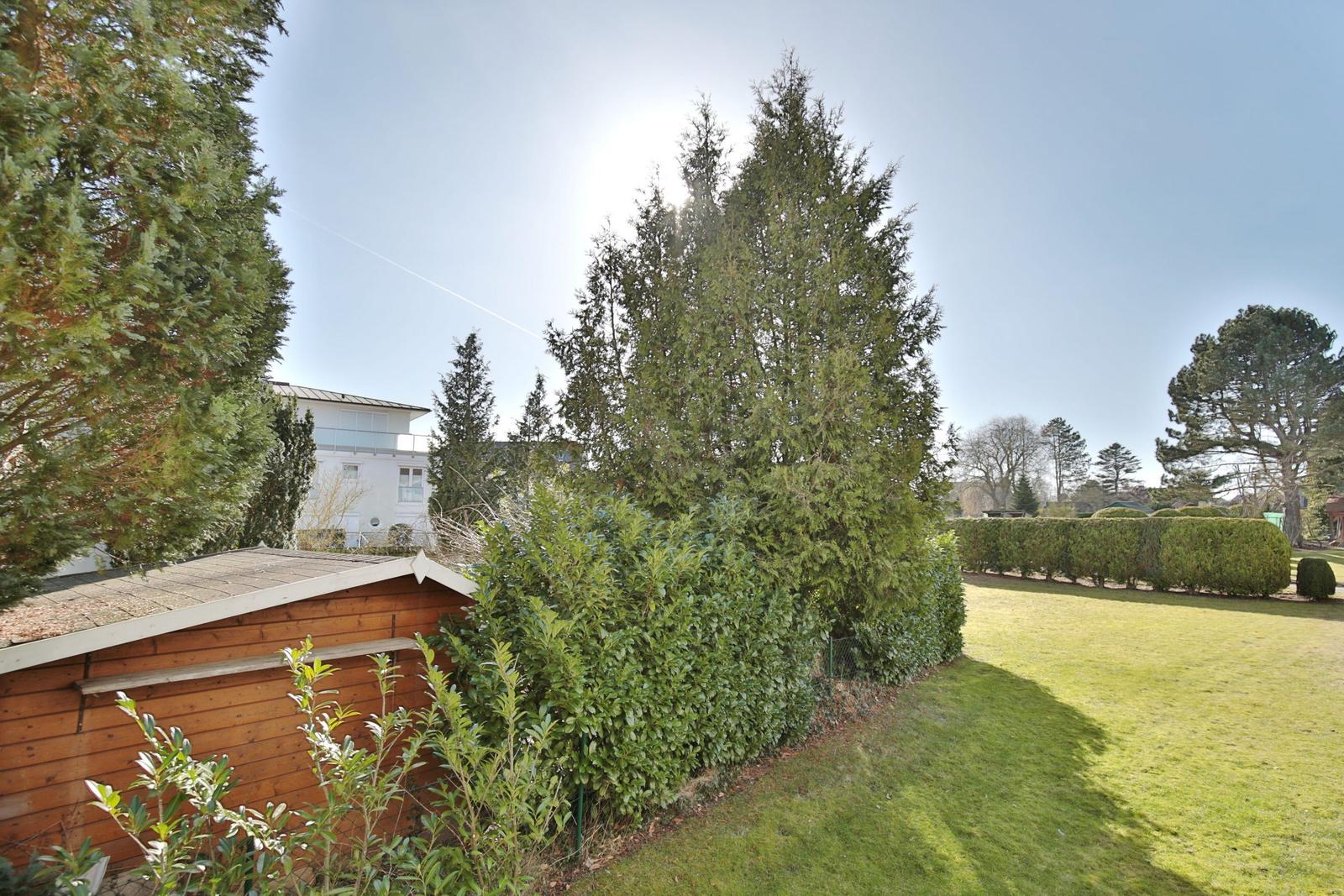 Garten mit Rasen, Hecke und Holzgarage. Im Hintergrund sind Bäume und ein Gebäude sichtbar.
