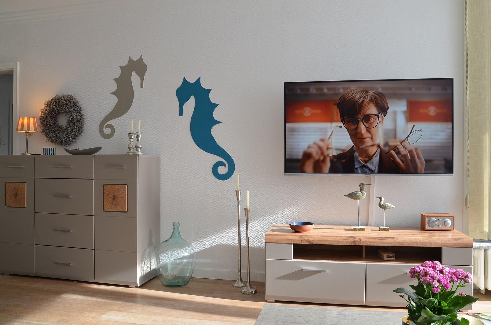 Wohnzimmer mit Fernseher, Schminktisch und Seepferdchen-Wanddekoration.
