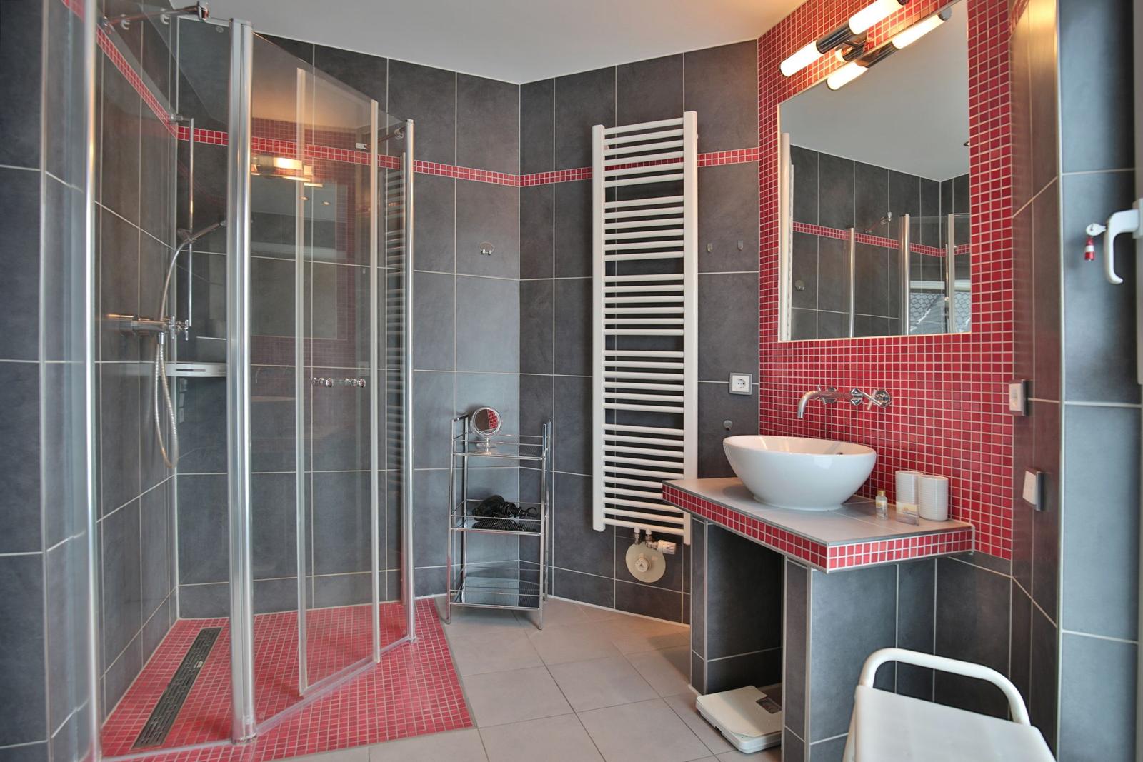Badezimmer mit Dusche, Waschbecken und Heizkörper