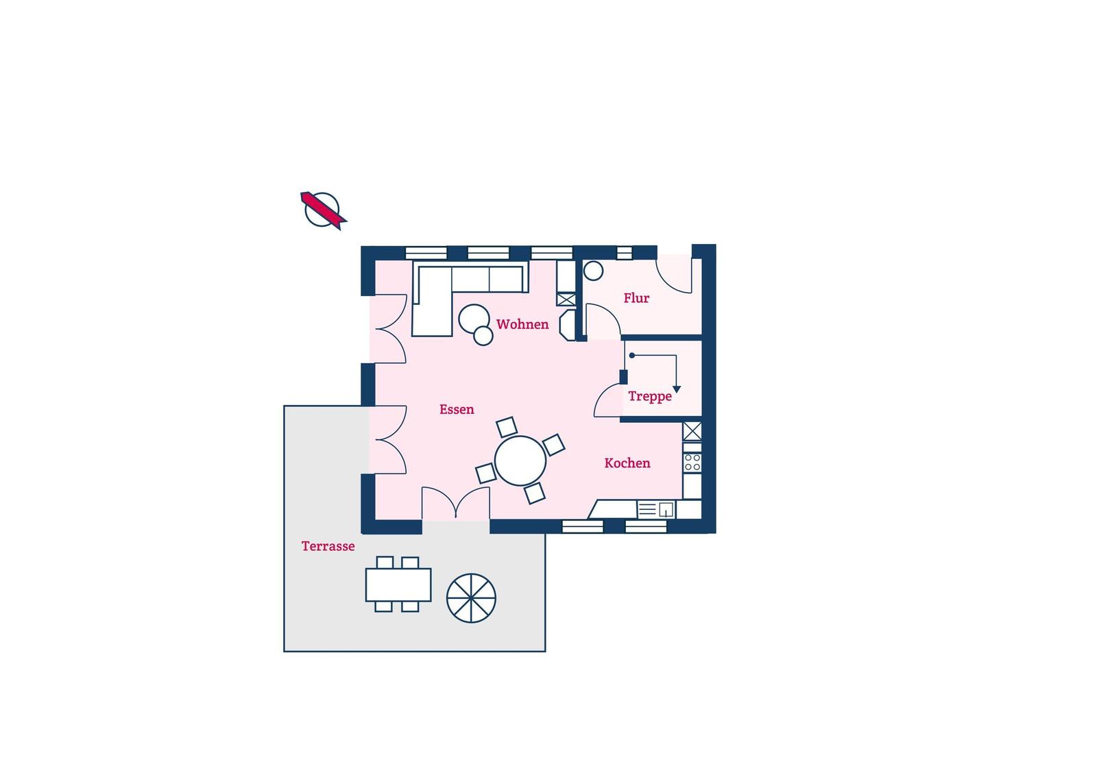 Wohnung mit Wohn-, Ess- und Küchenbereich, Flur, Treppe und Terrasse.