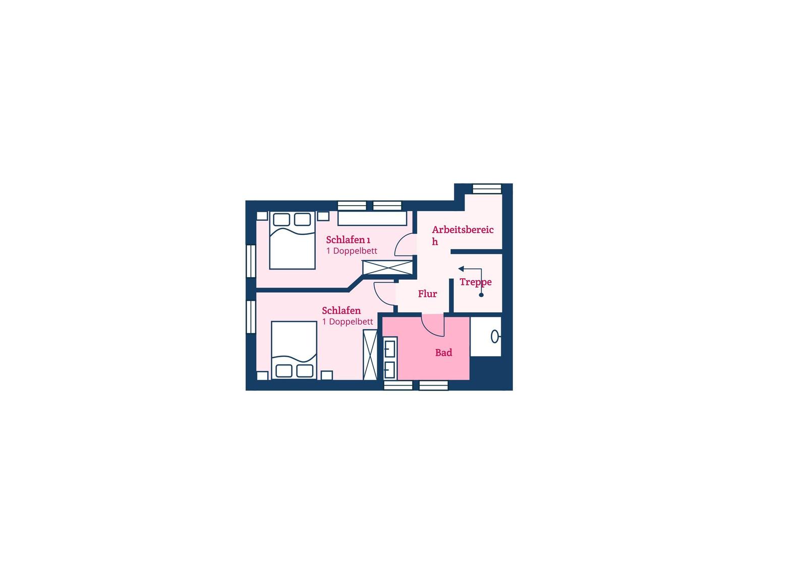 Zwei Schlafzimmer mit jeweils einem Doppelbett, Bad, Flur, Arbeitsbereich und Treppe.