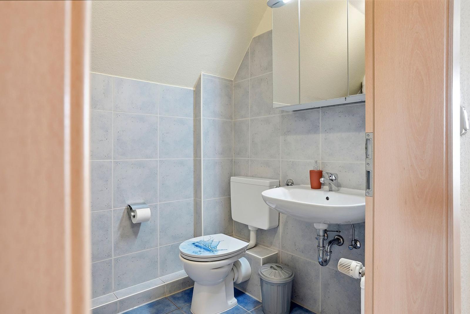 Badezimmer mit Toilette, Waschbecken und Spiegelschrank.
