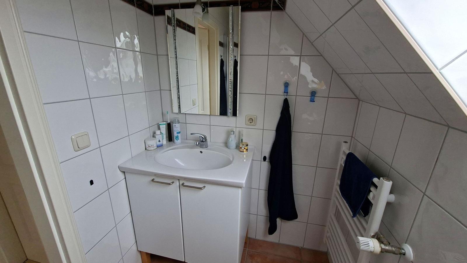 Bathroom with sink, mirror, and heater. Roof slope and shower are visible.