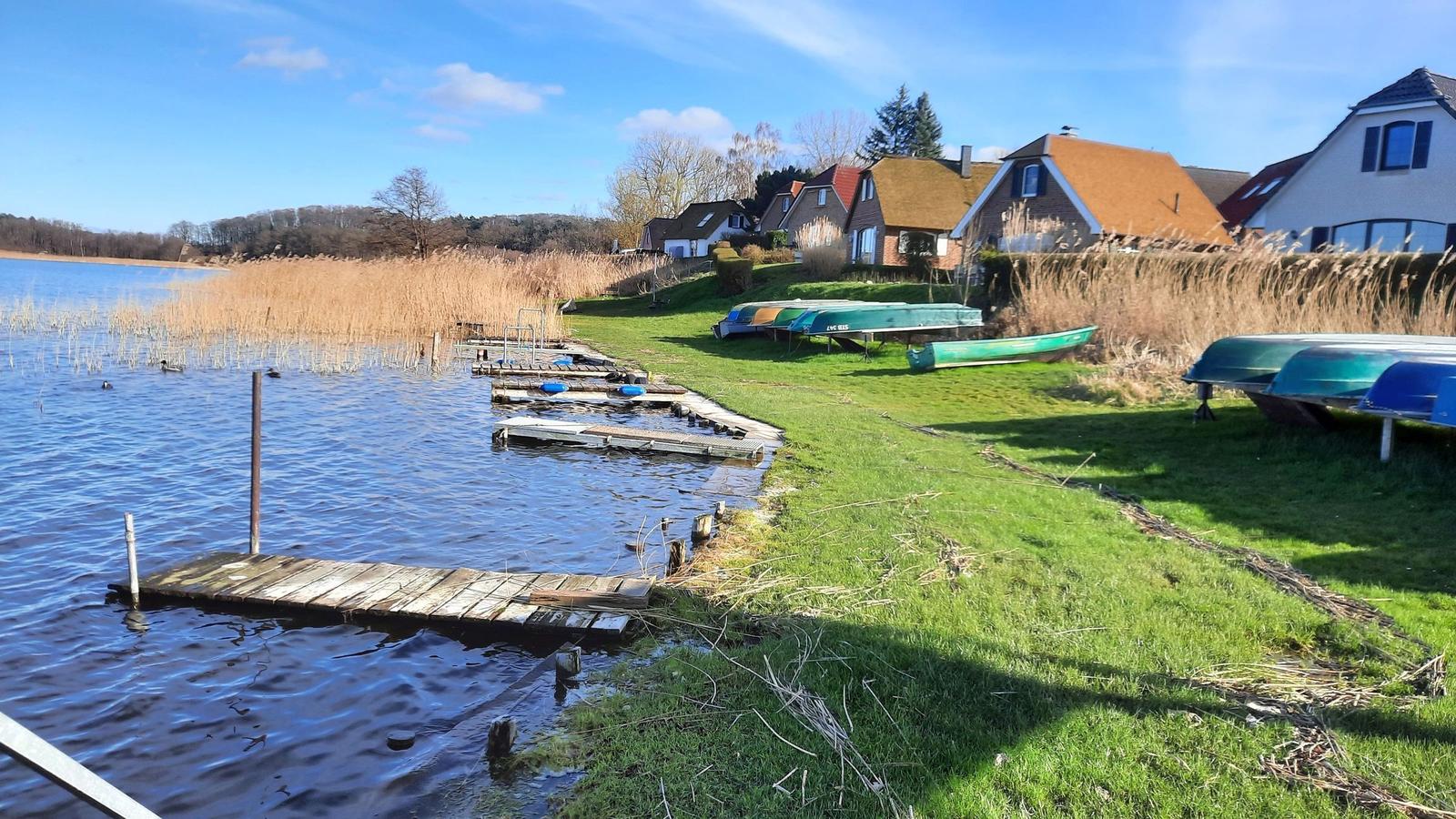 Lake shore with boat docks and canoes. Background: houses and reeds.