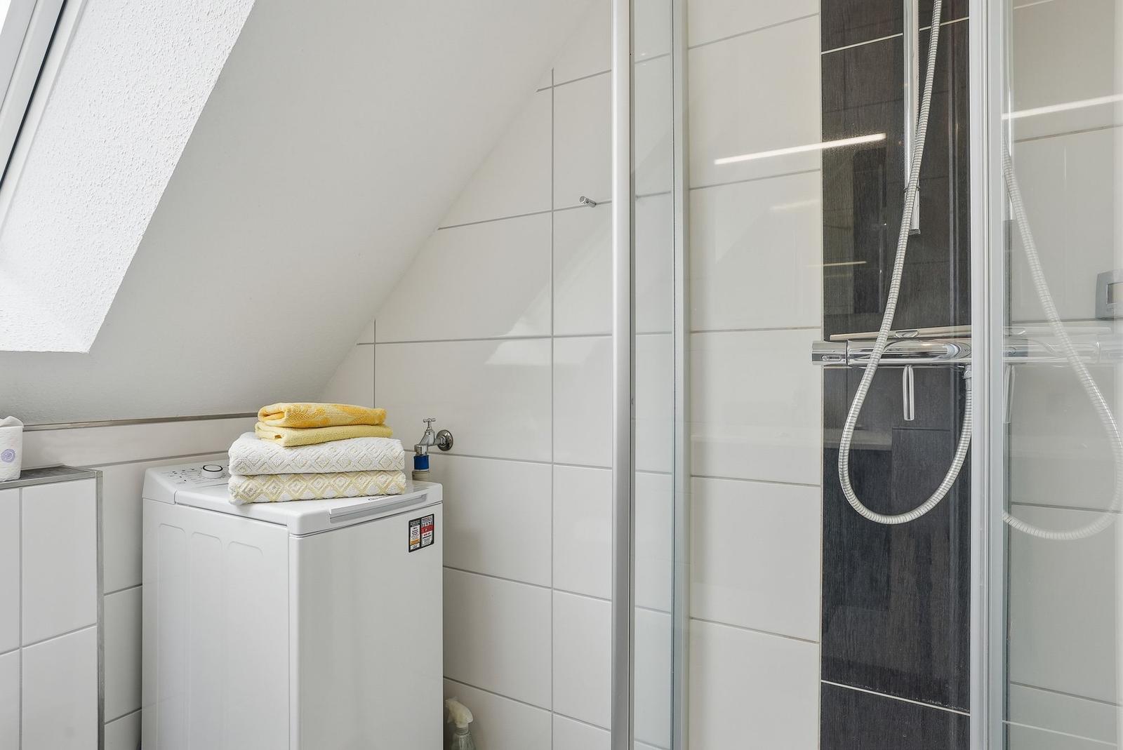 Bathroom with shower, washing machine, and skylight.