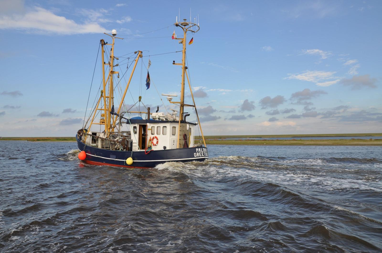 Fischerboot mit gelben Masten fährt durch flaches Wasser. Himmel ist blau mit Wolken.