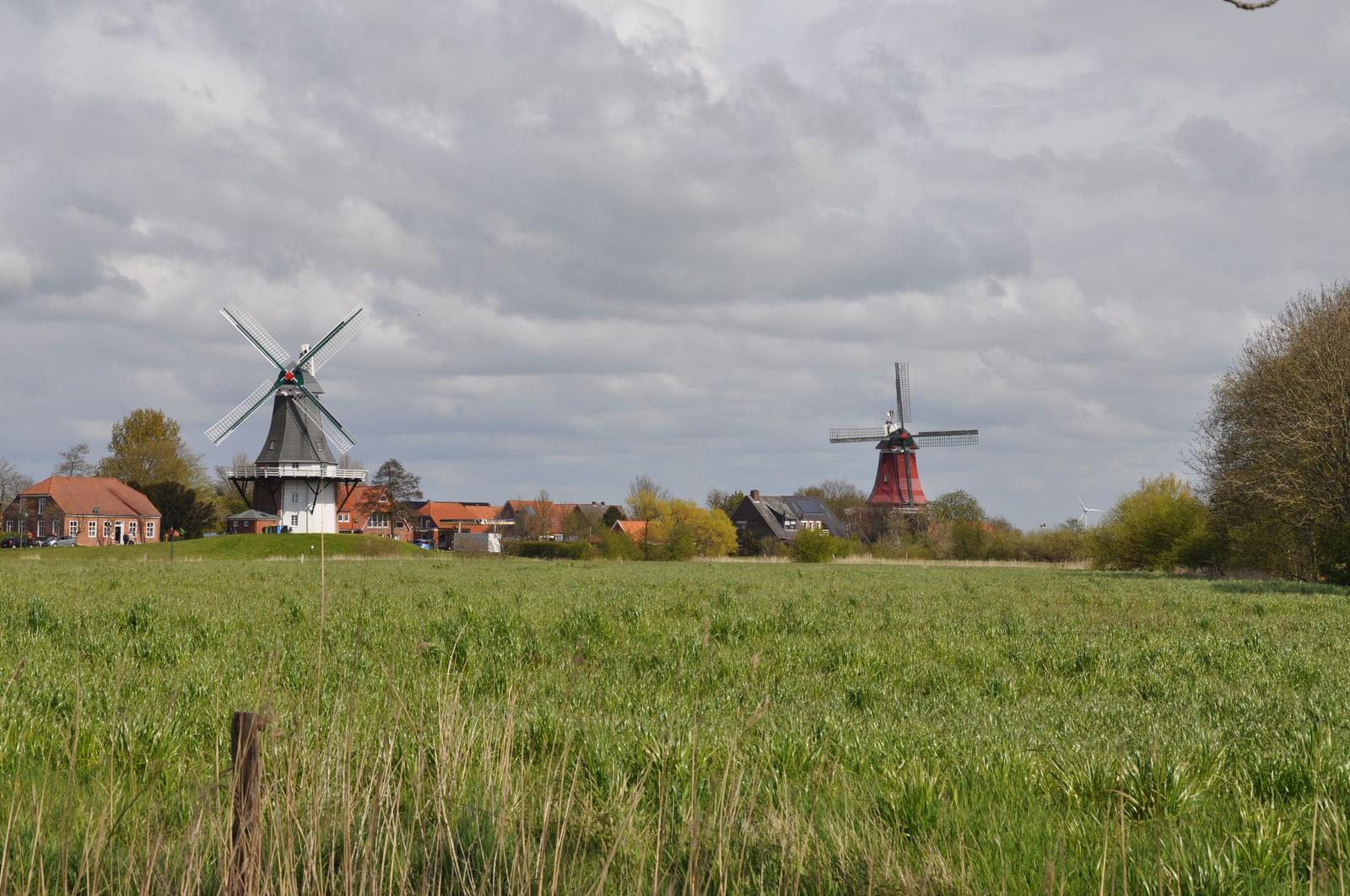 Zwei Windmühlen stehen in einer grünen Landschaft mit Häusern im Hintergrund.