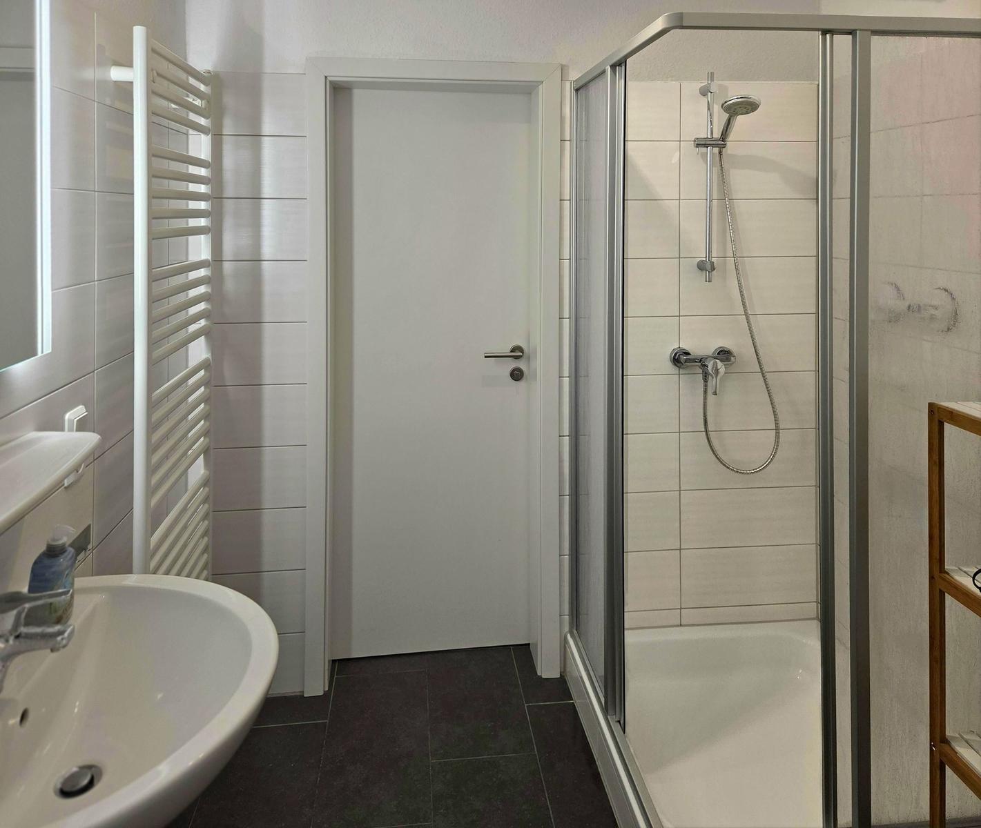 Badezimmer mit Dusche, Waschbecken und Heizkörper