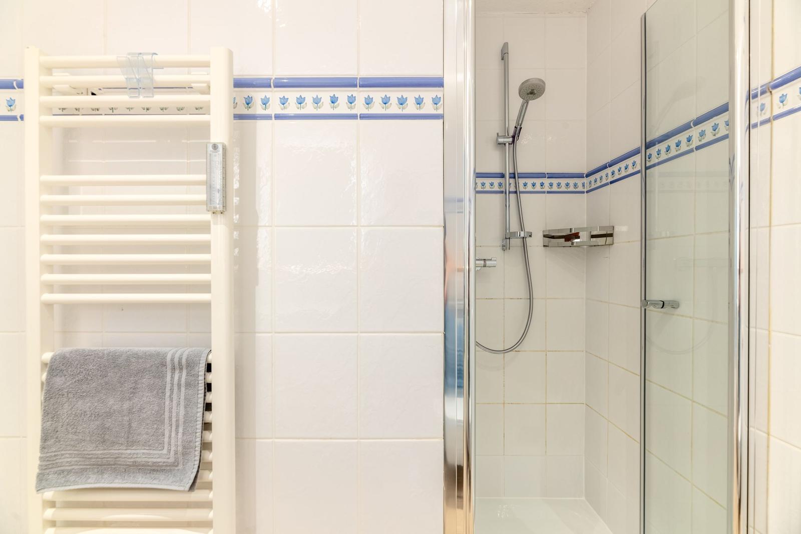 Dusche mit Glaswand und Heizkörper mit Handtuch