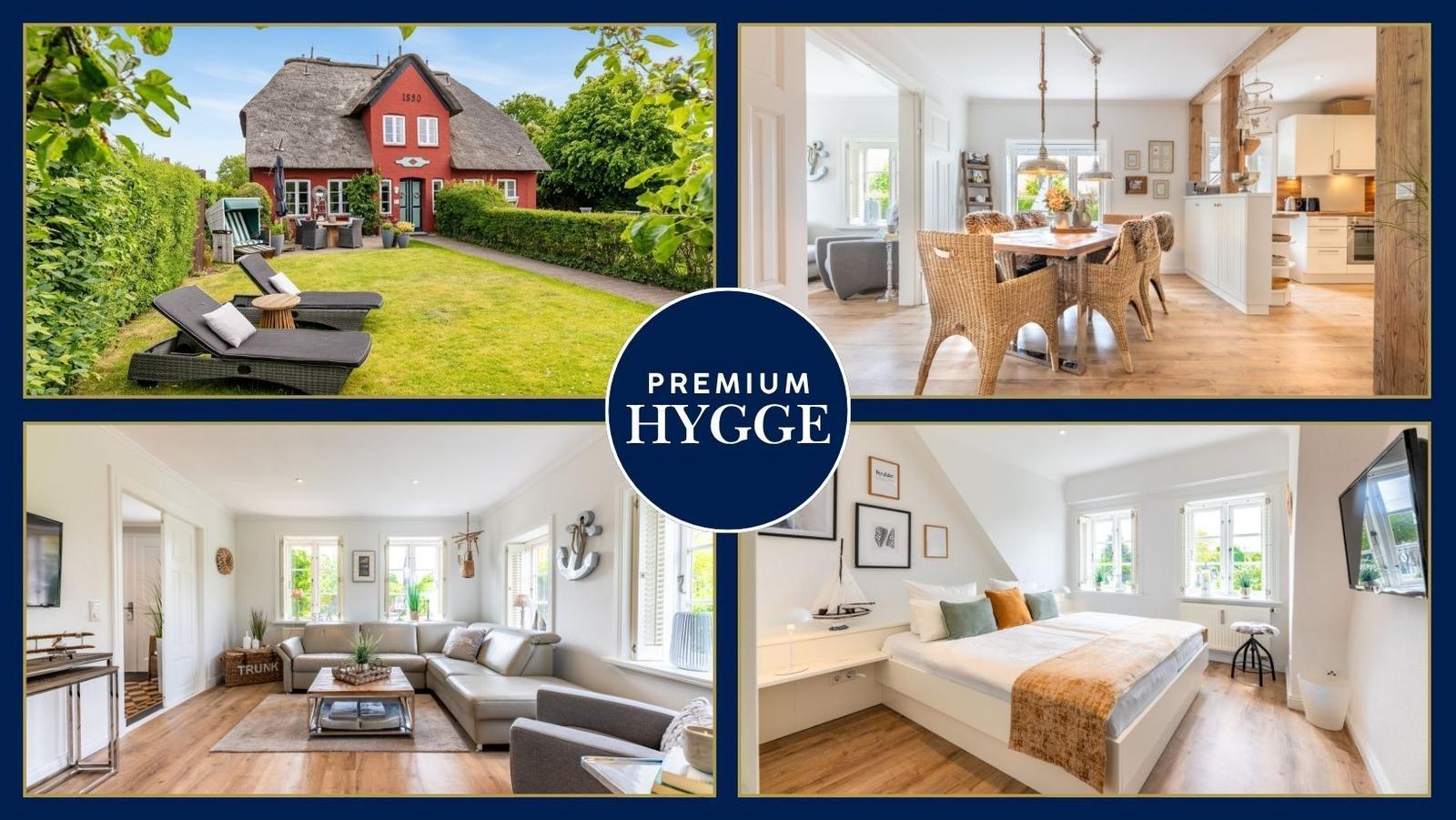 Rotes Haus mit Garten, Esszimmer, Wohnzimmer und Schlafzimmer mit Dachschrägen.