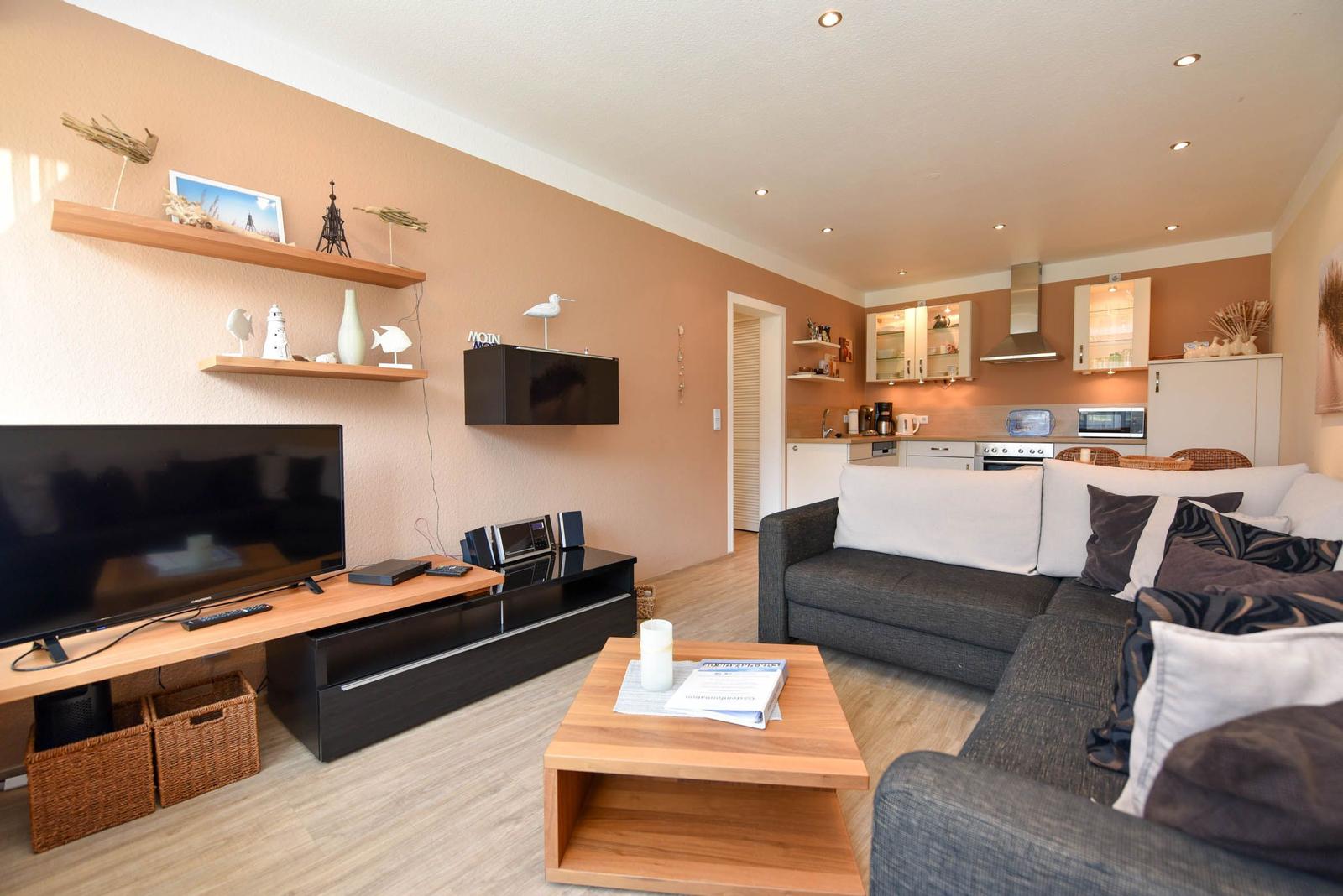 Wohnzimmer mit Sofa, Fernseher und Küchenbereich im Hintergrund.