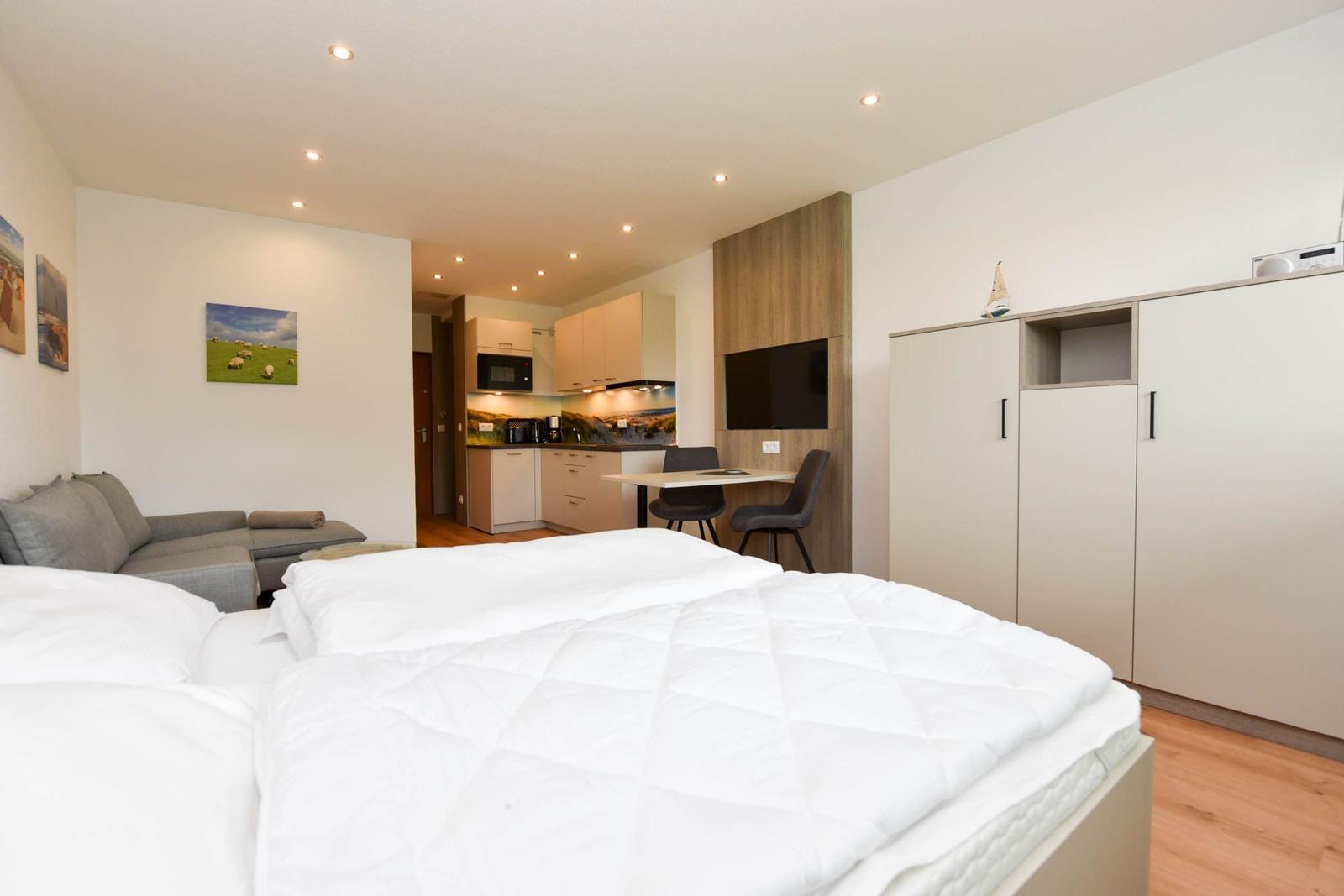 Schlafzimmer mit Bett, Sofa, Küchenbereich und Schrank.