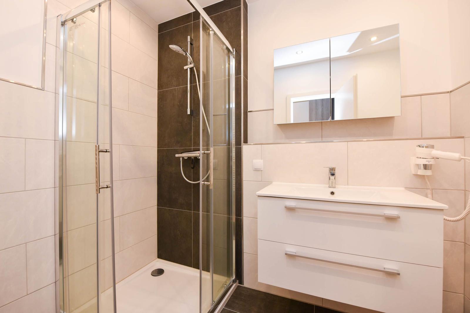Badezimmer mit Dusche, Waschbecken und Spiegelschrank.