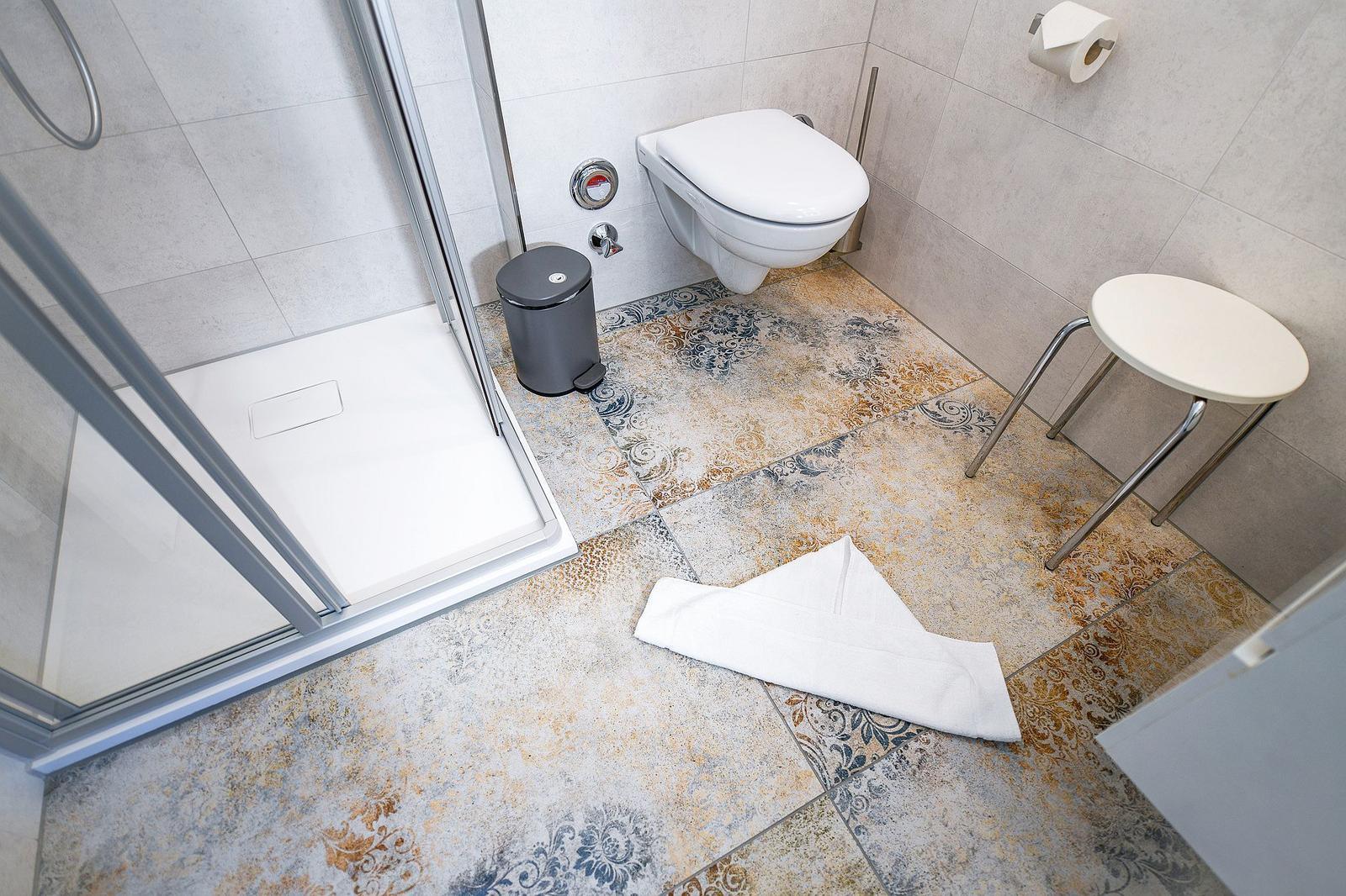 Badezimmer mit Dusche, Toilette und Mosaikbodenfliesen.