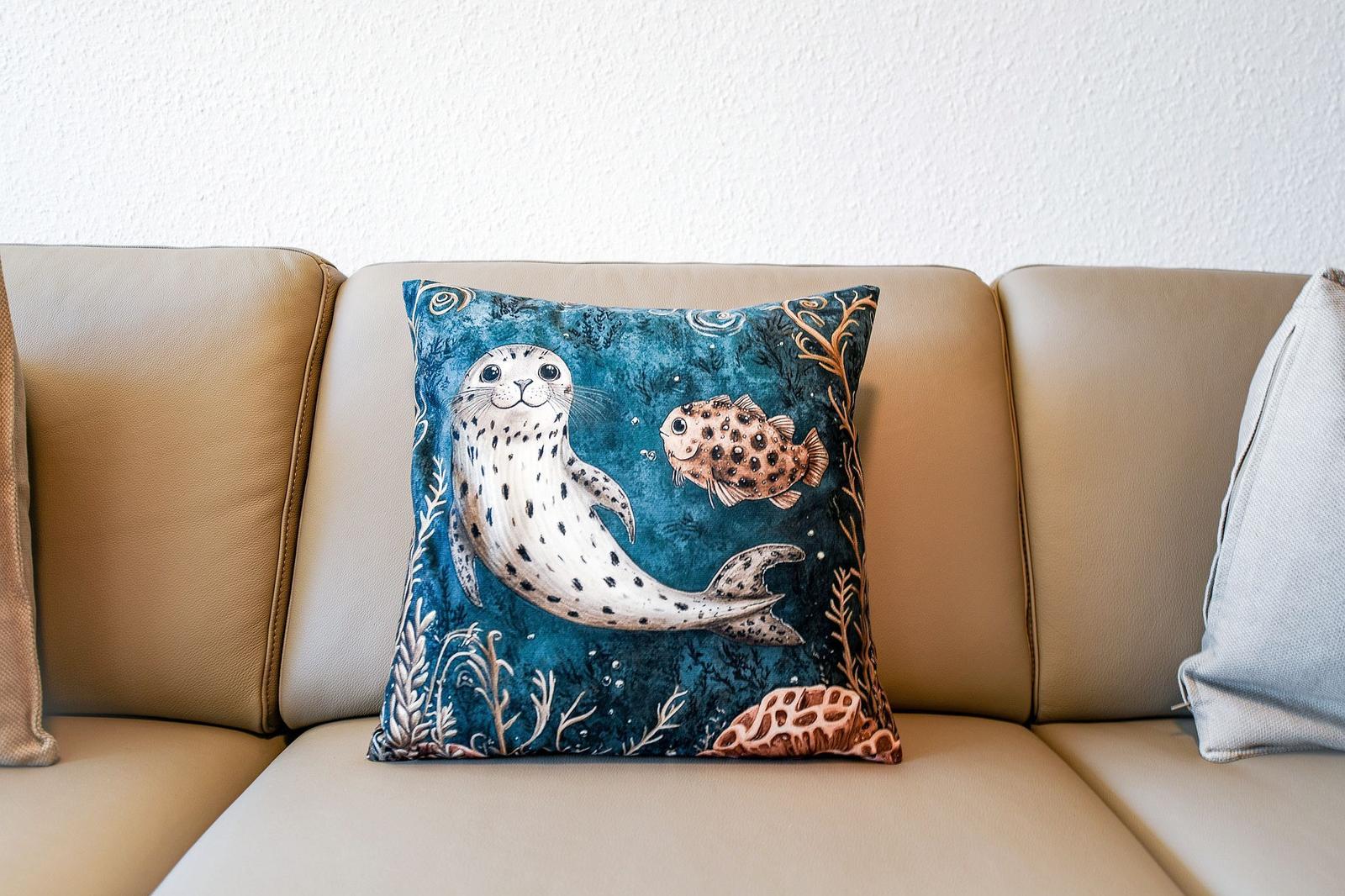 Ein Kissen mit Seehund und Fisch auf einem Sofa.