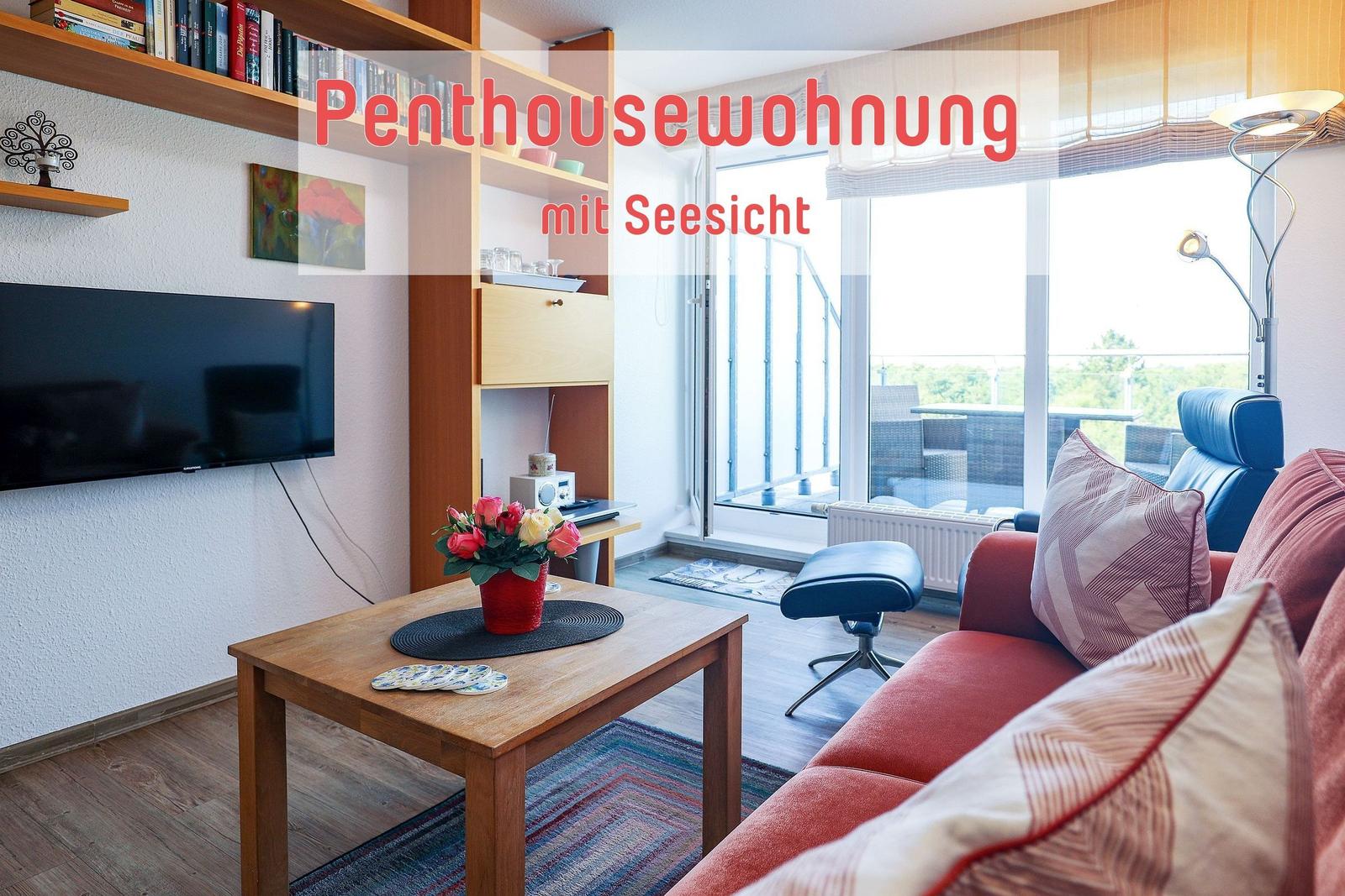 Penthouse with lake view, living room with sofa, TV and balcony view.
