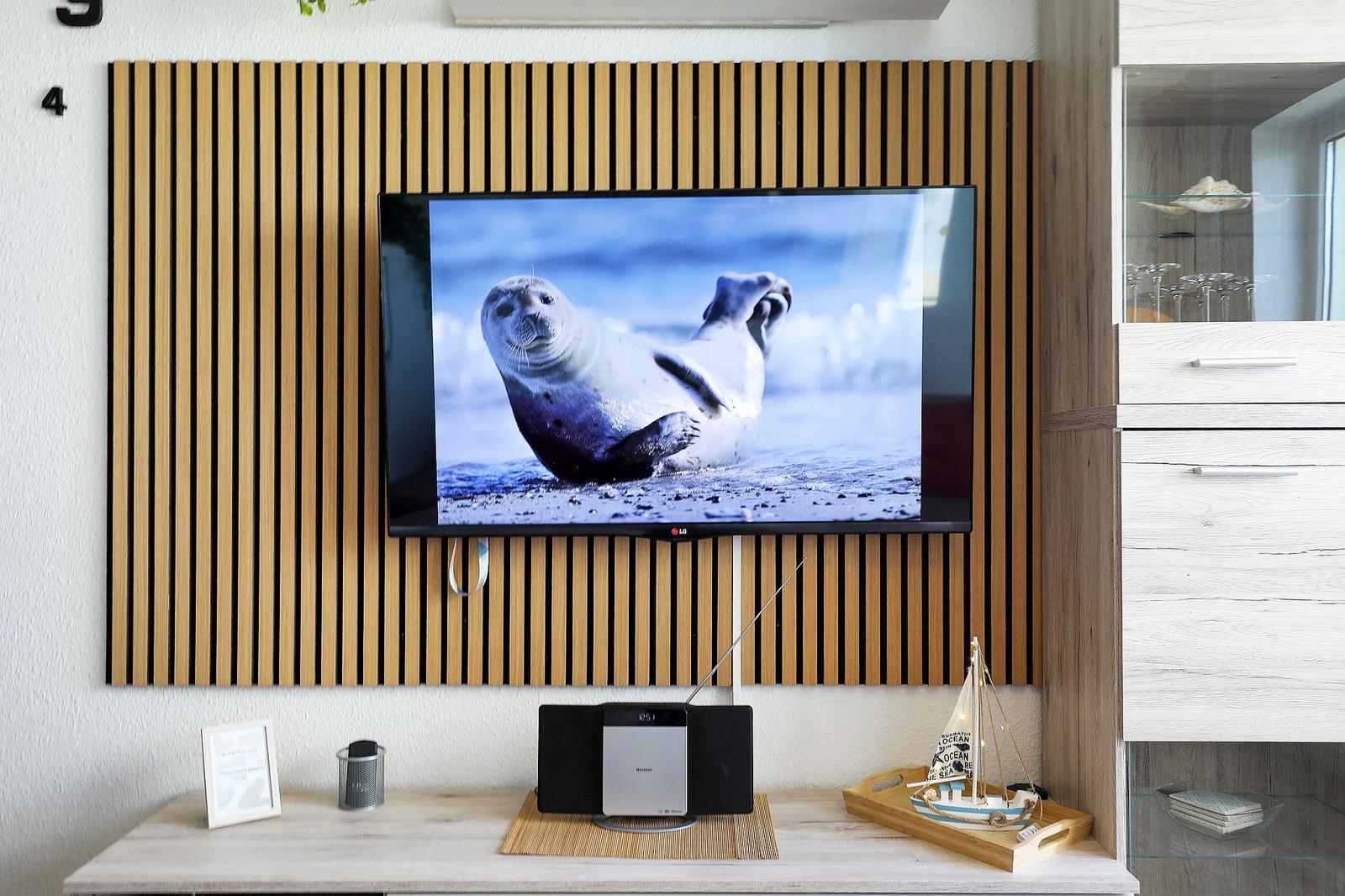 TV an Holzwand, Modellboot und Audio-Gerät auf Tisch