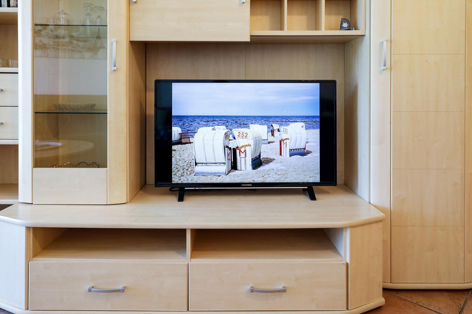 Fernseher auf Holzmöbel mit Strandbild