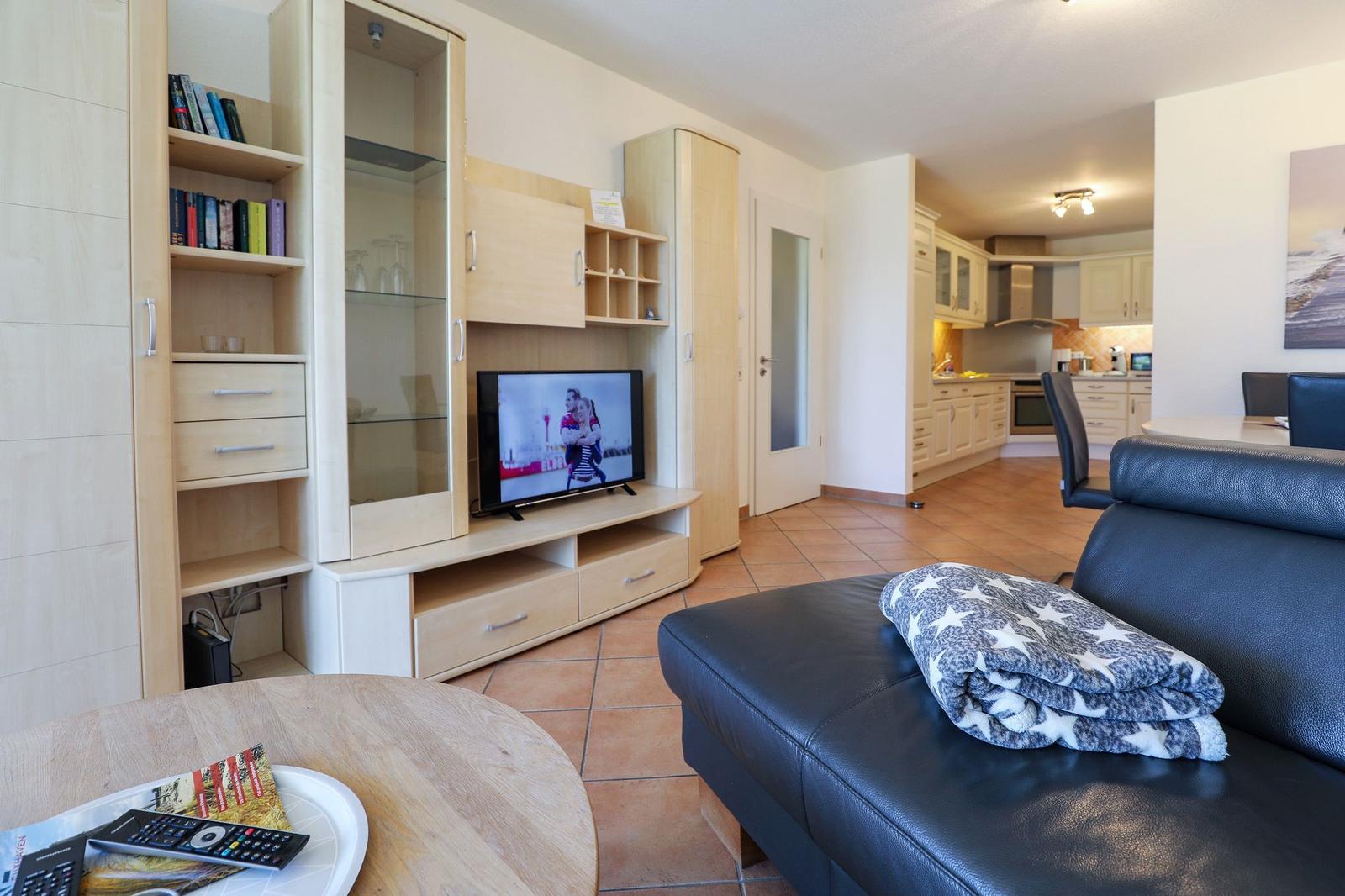 Wohnzimmer mit Sofa, Fernseher und Küchenbereich im Hintergrund.