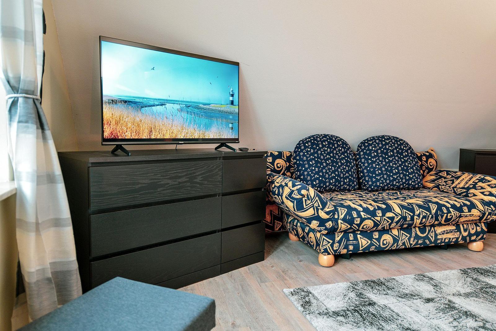 Ein Wohnzimmer mit Sofa, Fernseher und Schrank. Der Fernseher zeigt eine Landschaft.