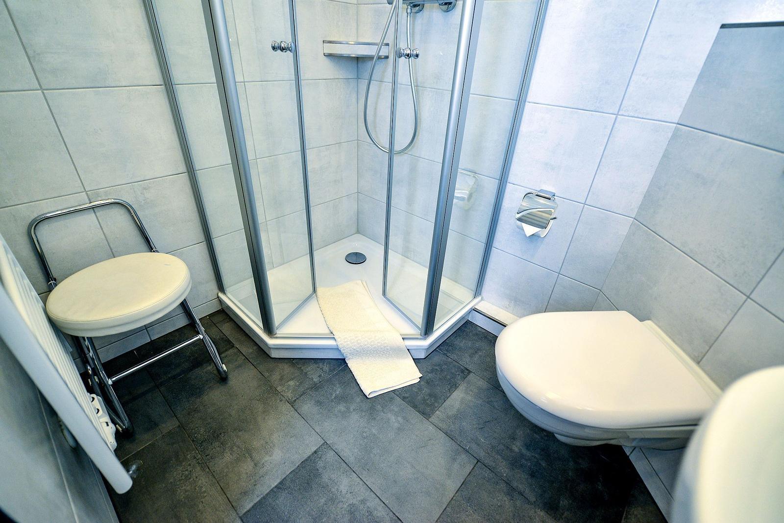 Badezimmer mit Dusche, Toilette und Stuhl