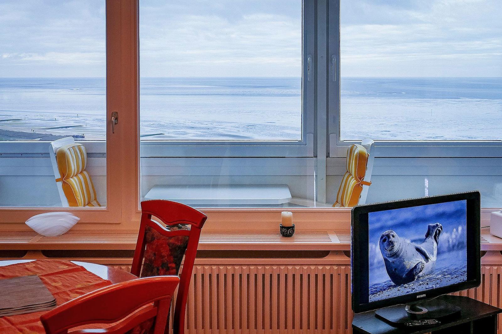 Grosses Fenster mit Blick auf Meer und Eis. Rote Stühle, Fernseher und Fensterbänke.