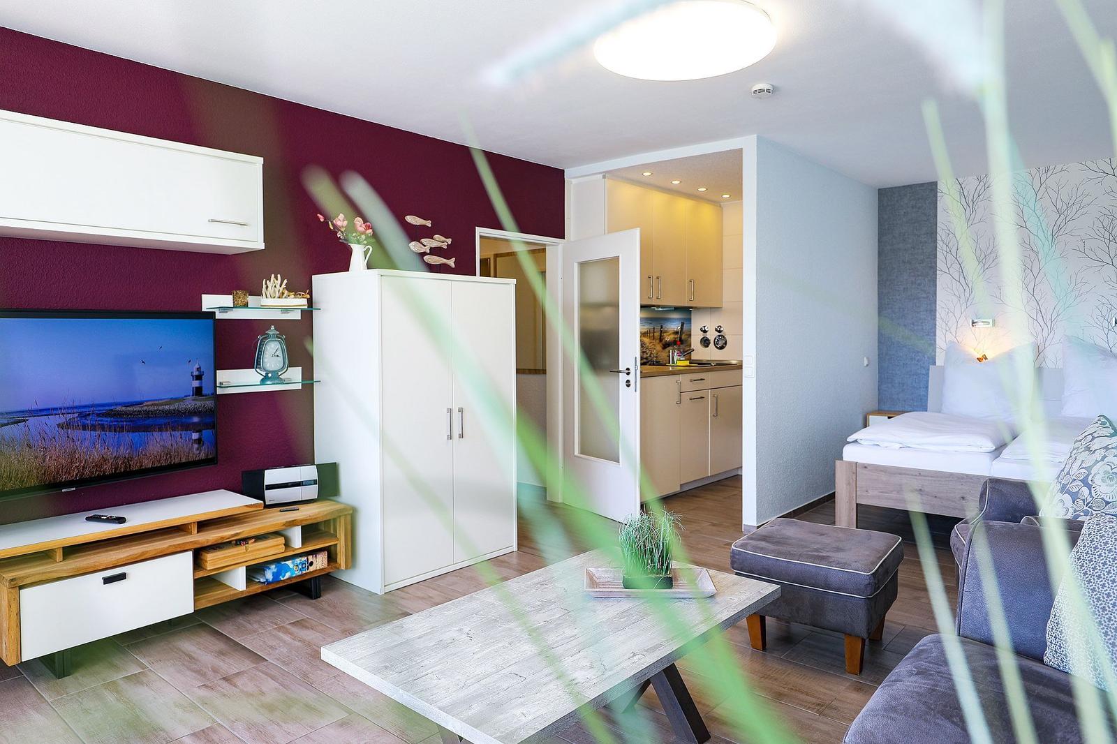 Wohnzimmer mit TV, Schlafzimmer und Küche im Hintergrund.