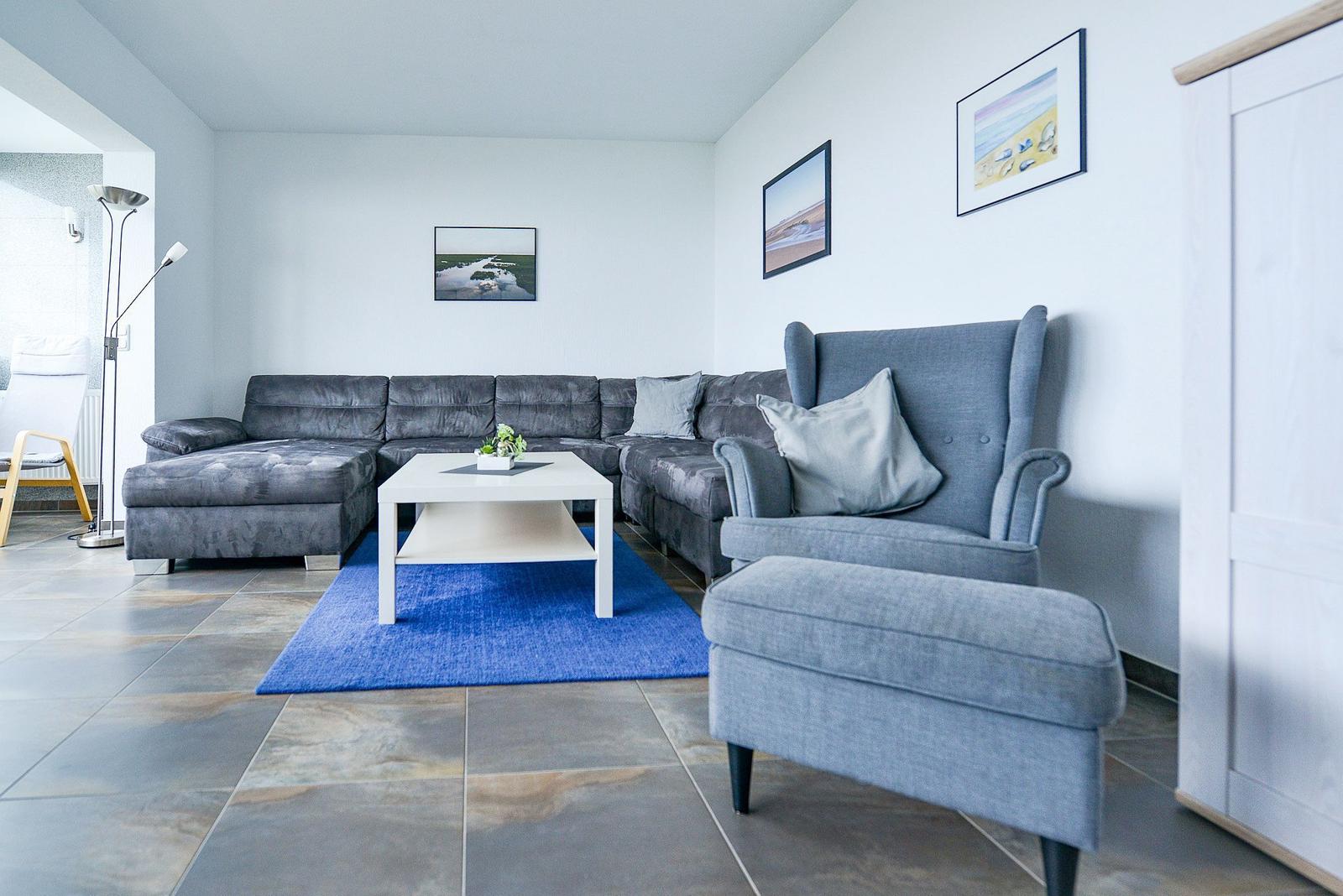 Wohnzimmer mit grauem Sofa, blauem Teppich und weißen Wänden.