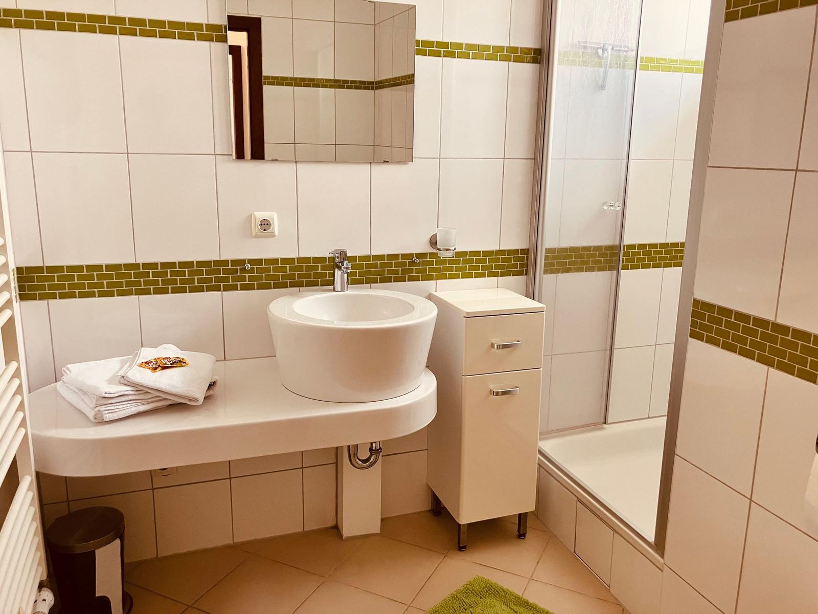 Badezimmer mit Waschbecken, Spiegel und Dusche. Wandfliesen mit grüner Zierleiste.